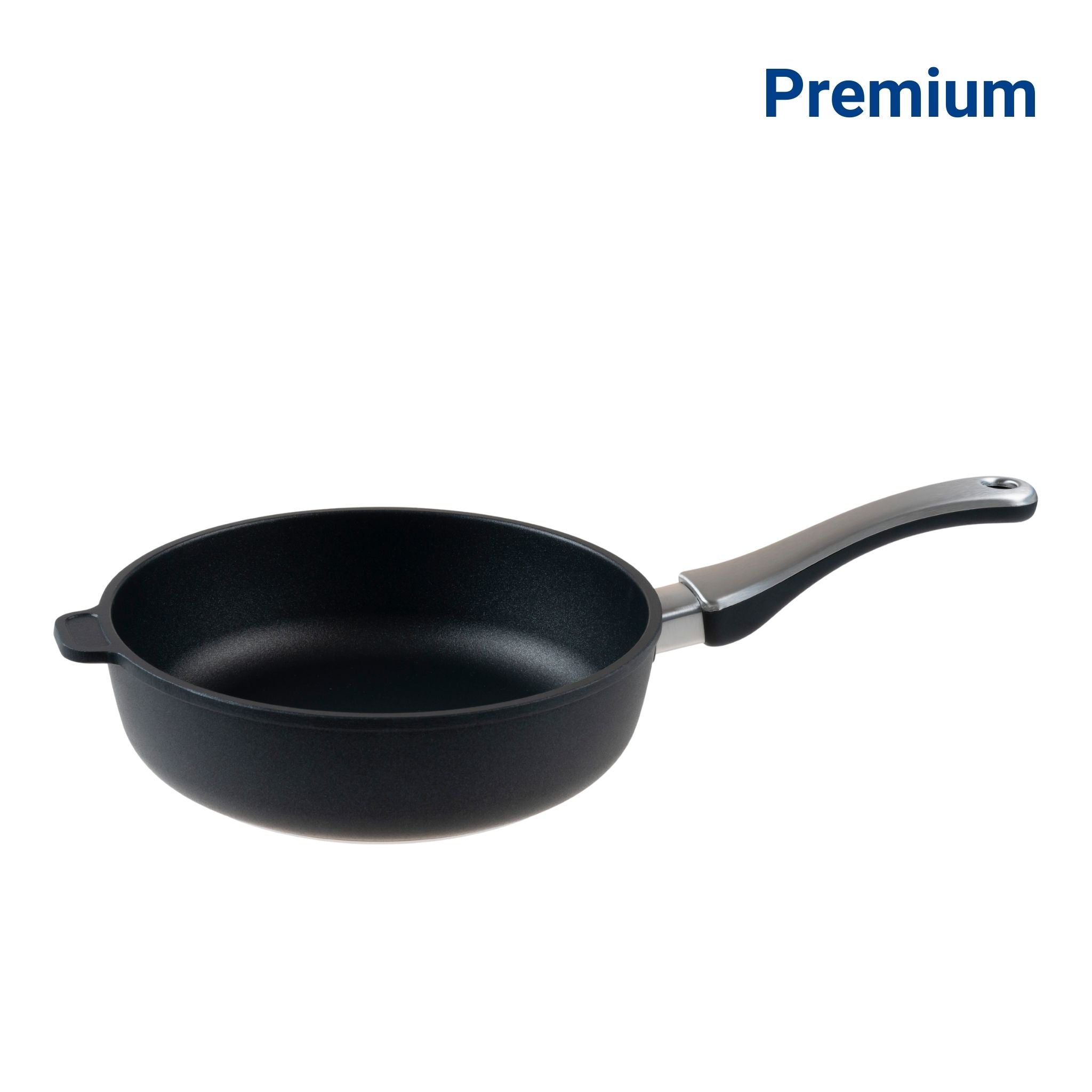 Schwarze Hochrandpfanne mit Edelstahlstiel und antihaftbeschichteter Oberfläche.