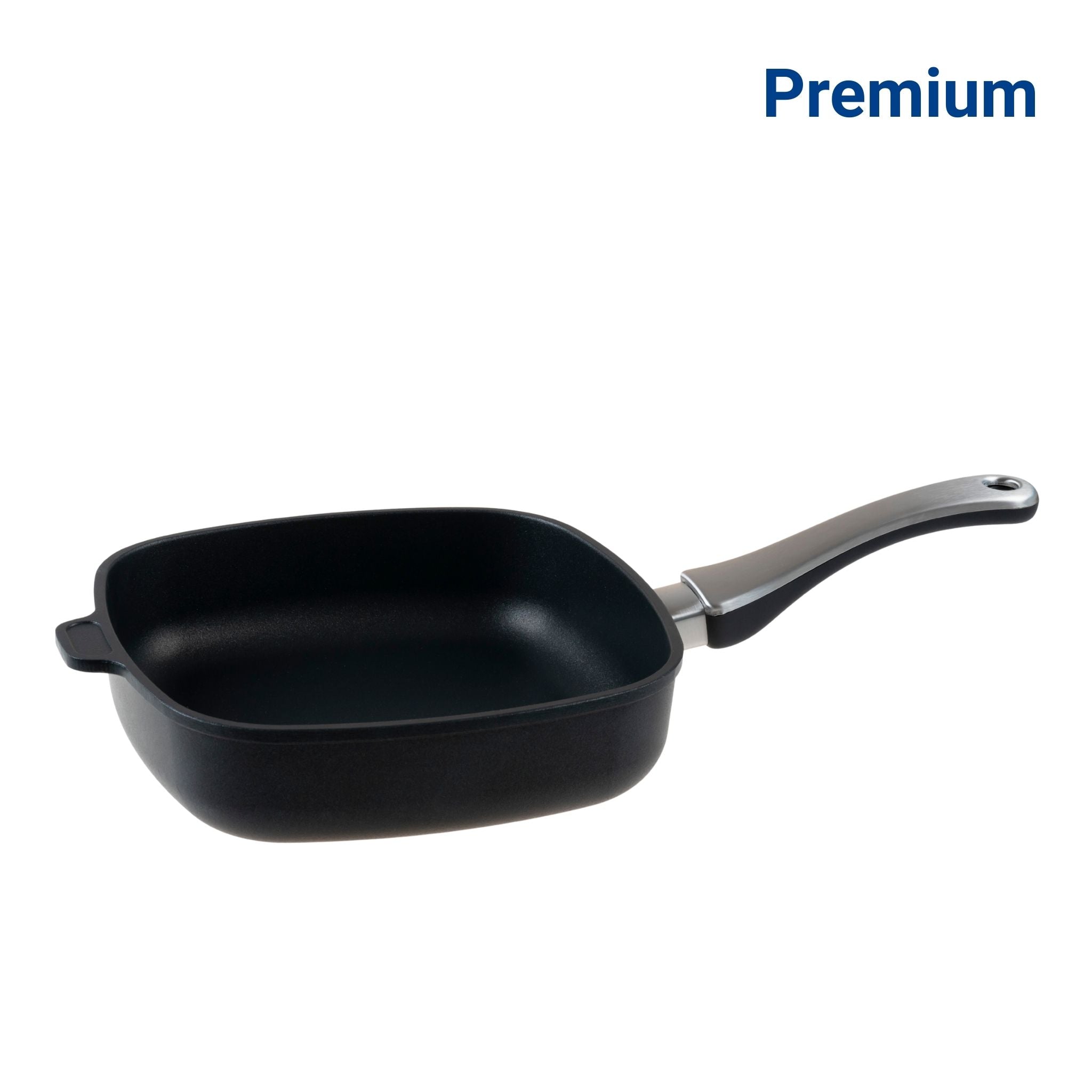 Schwarze quadratische Pfanne mit langem Edelstahlgriff und matter Antihaftbeschichtung.