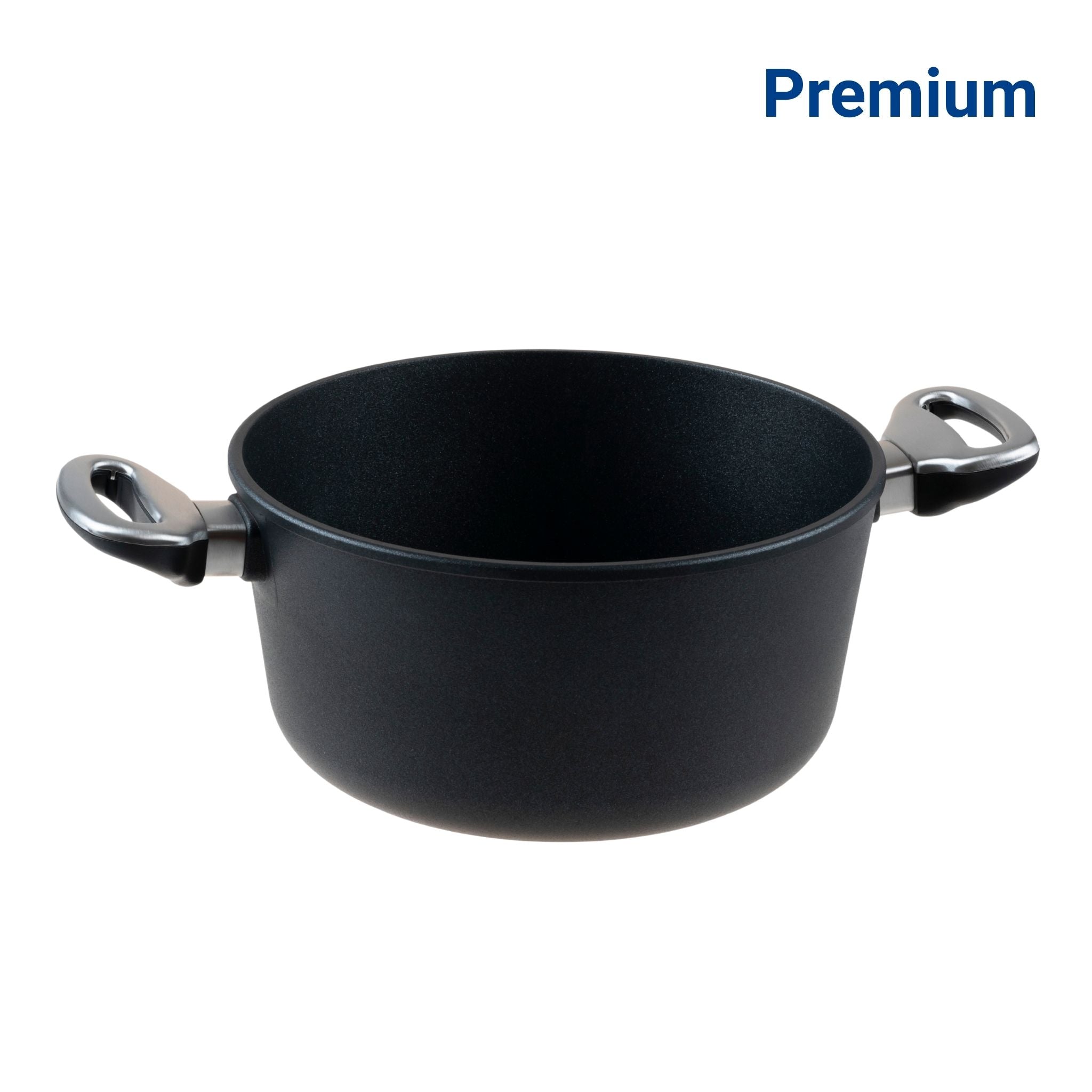 Schwarzer Kochtopf mit zwei ergonomischen Griffen aus schwarzem Material und Edelstahlakzenten.