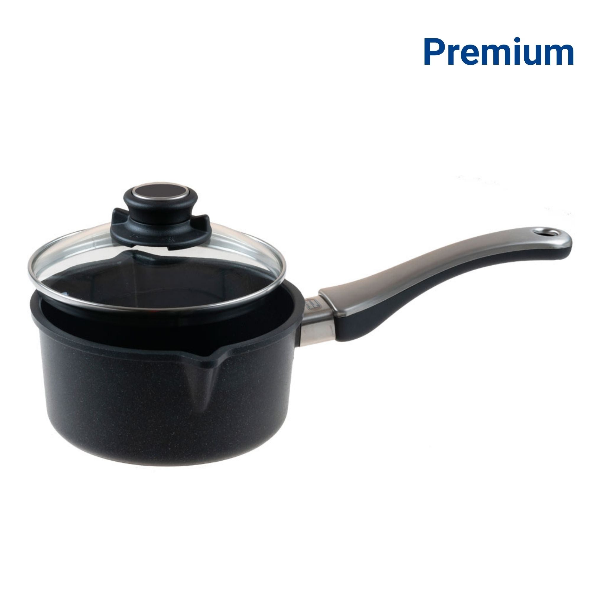 Schwarze Stielkasserolle mit abnehmbarem Griff und Glasdeckel, modernes Design.