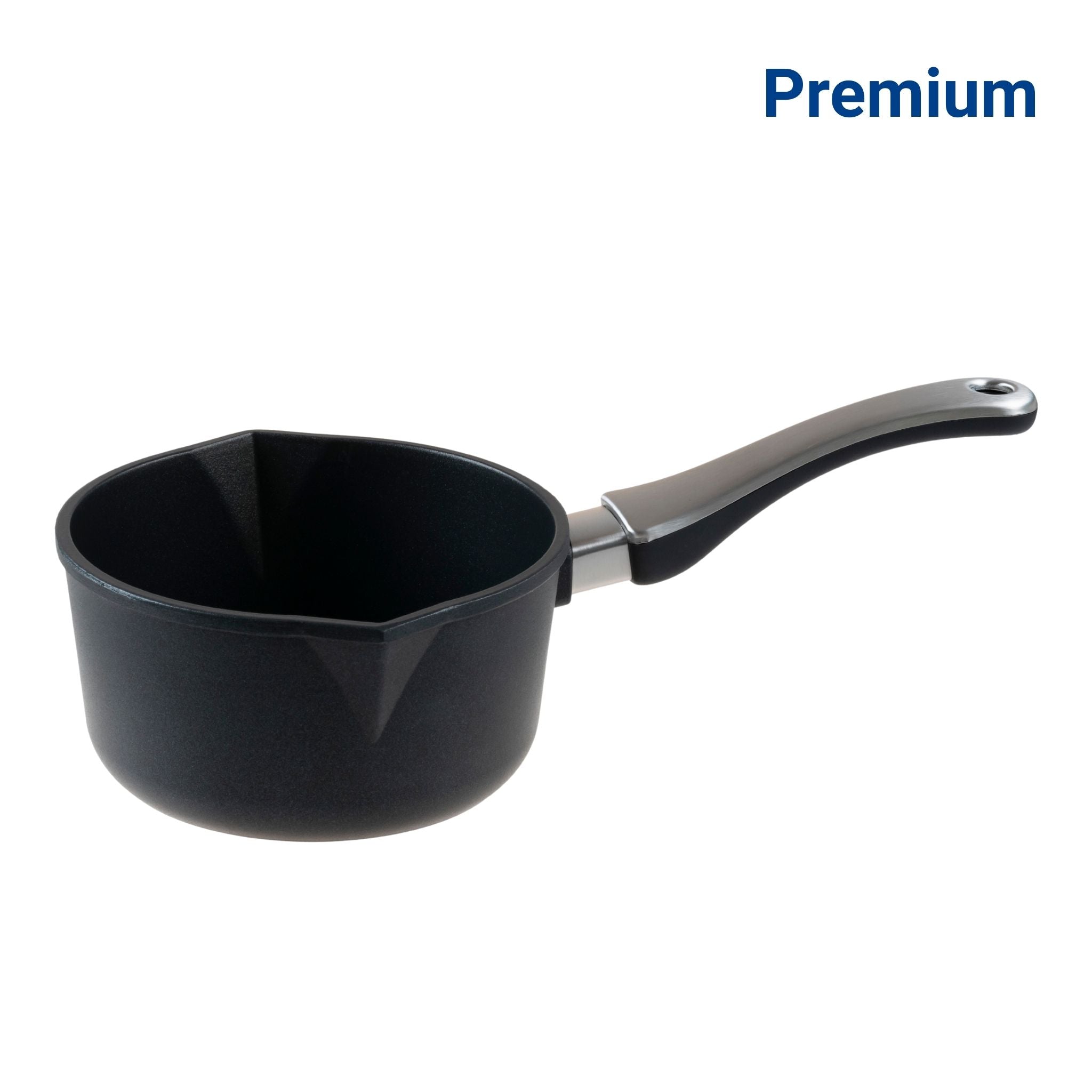 Schwarze Stielkasserolle mit ergonomischem Griff und Ausguss, mattierte Oberfläche.