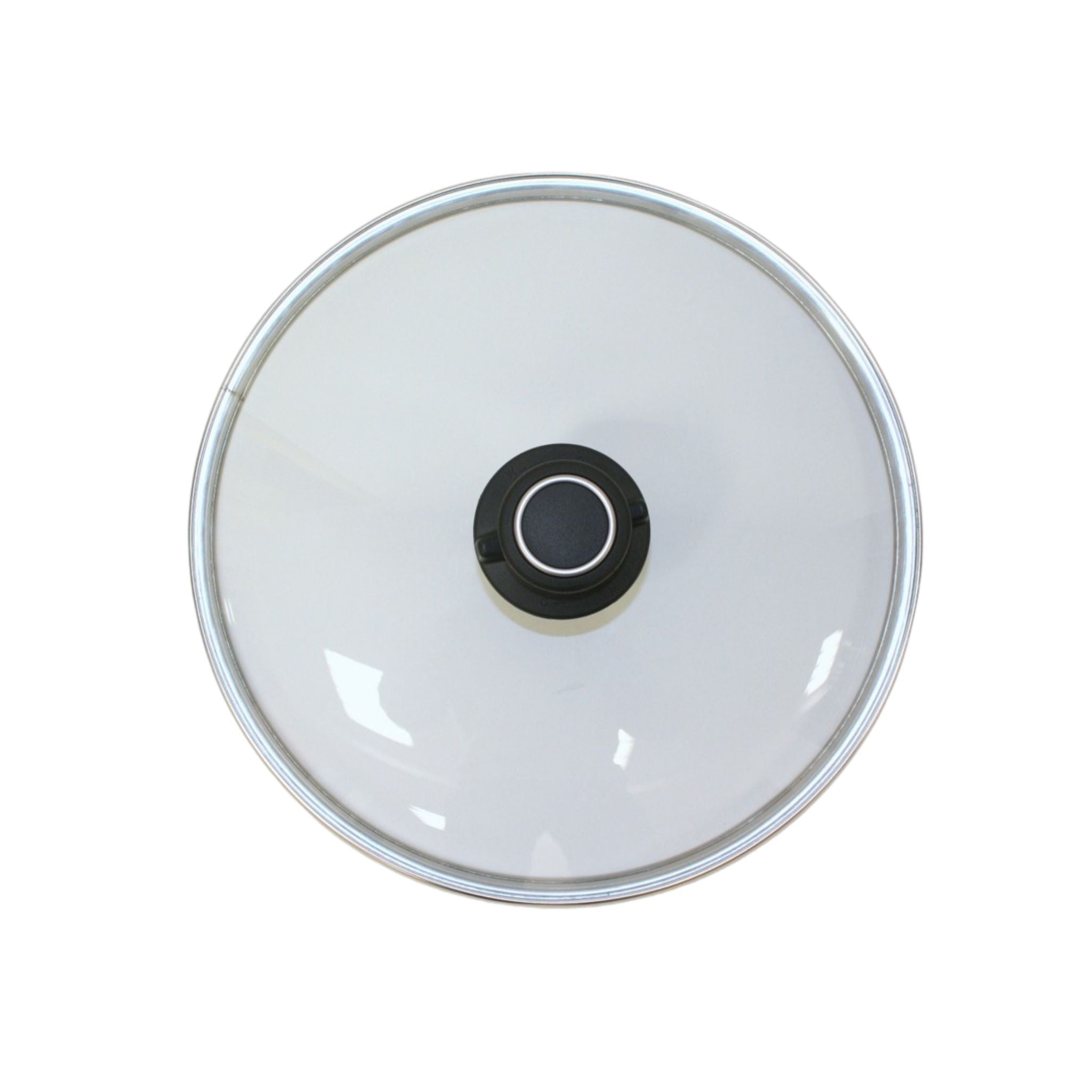 Runder Glasdeckel mit schwarzem Griff und Metallrand.