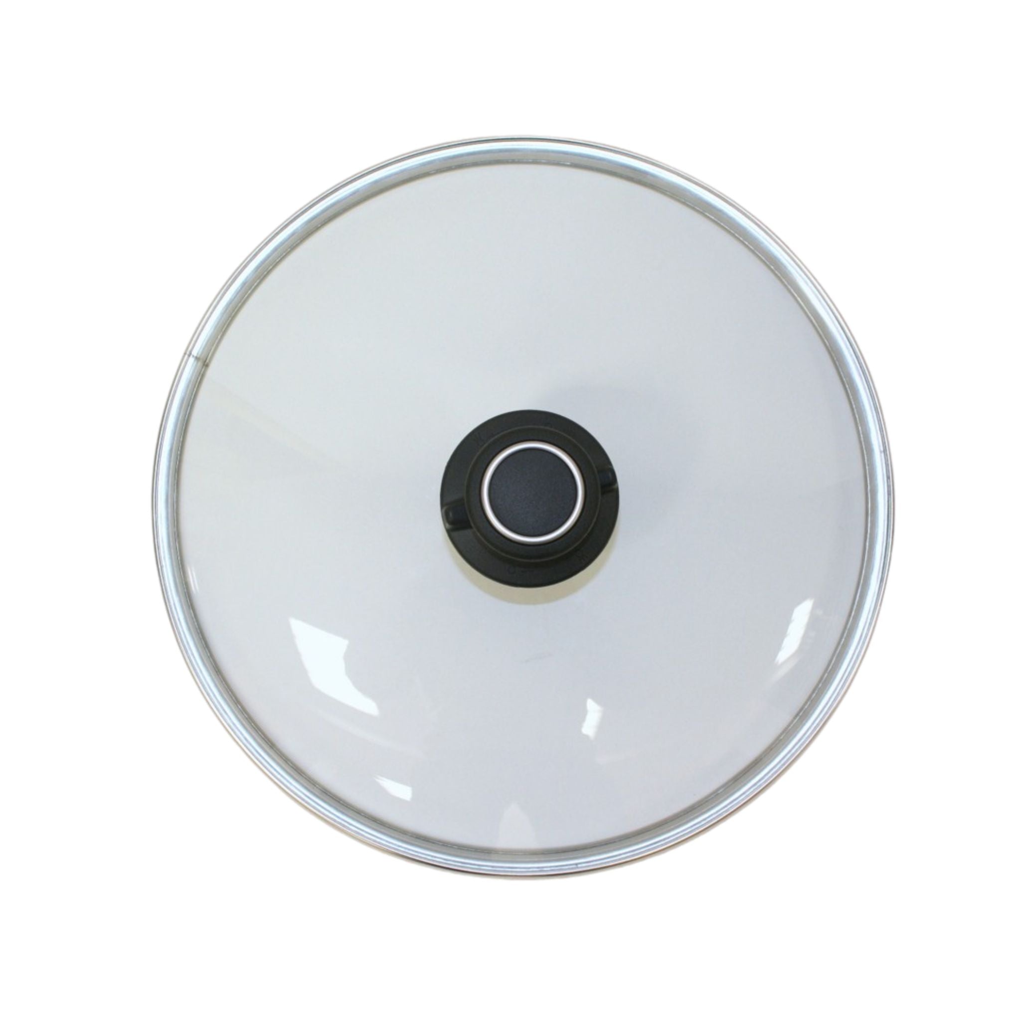 Runder Glasdeckel mit schwarzem Griff und silbernem Rand in 16 bis 32 cm Durchmesser.
