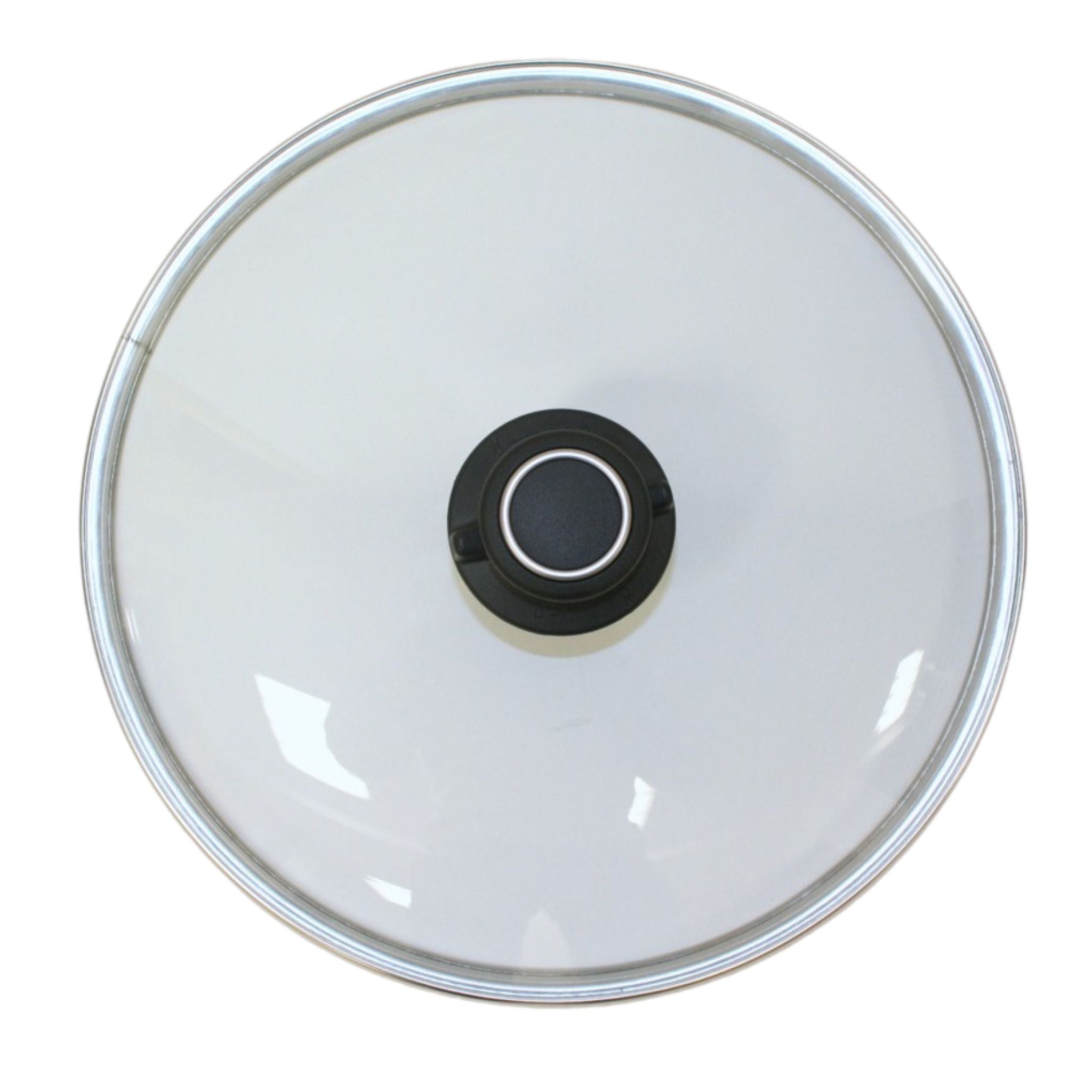 Runder Glasdeckel mit silbernem Metallrand und schwarzem Kunststoffgriff in der Mitte.
