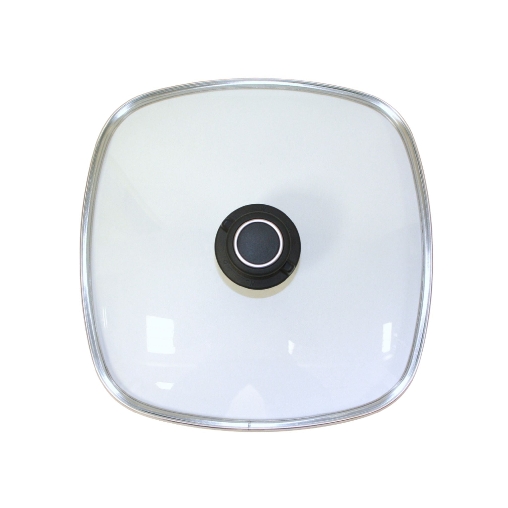 Transparenter quadratischer Glasdeckel mit schwarzem Griff und Edelstahlrand.