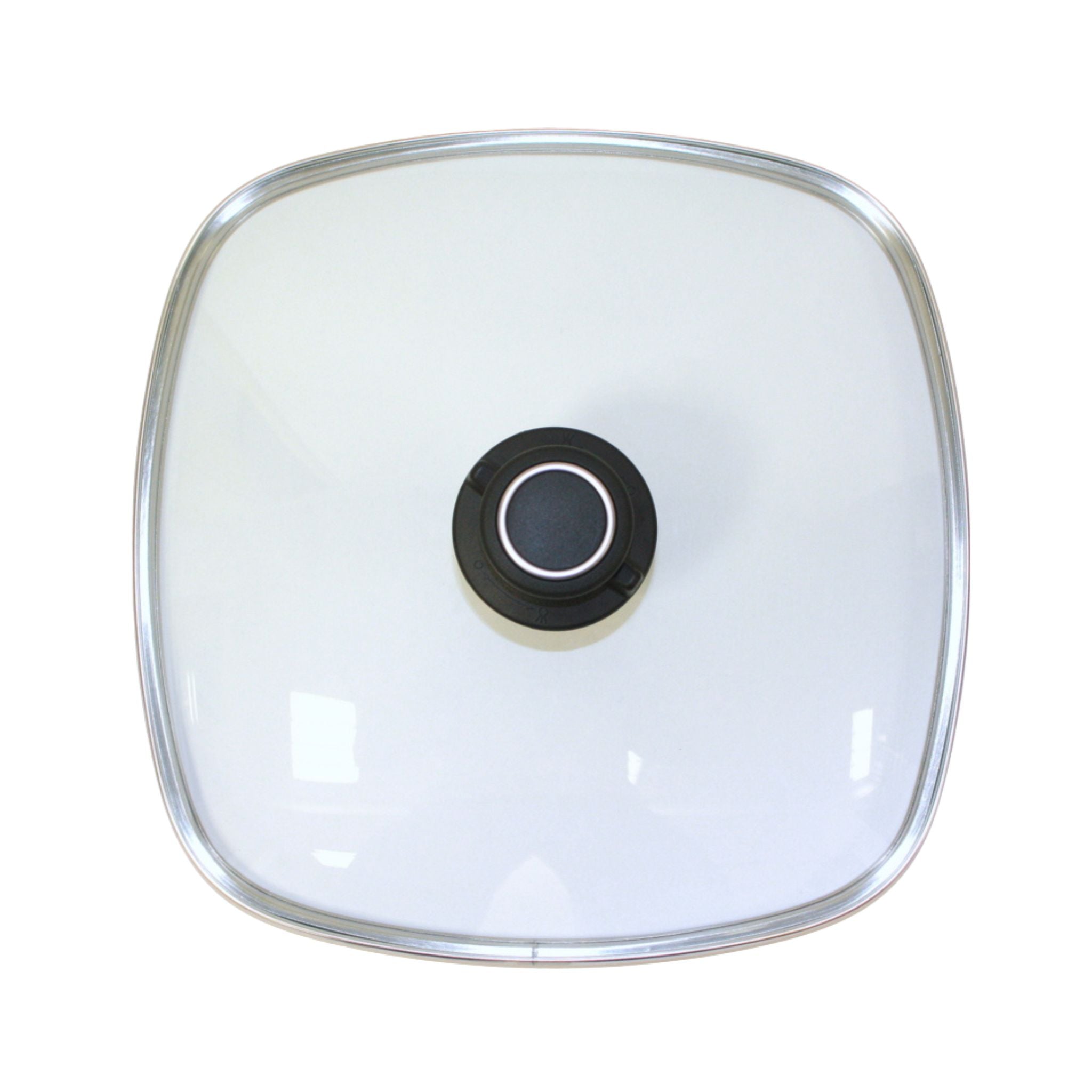 Quadratischer transparenter Glasdeckel mit schwarzem Griff und Metallrand.
