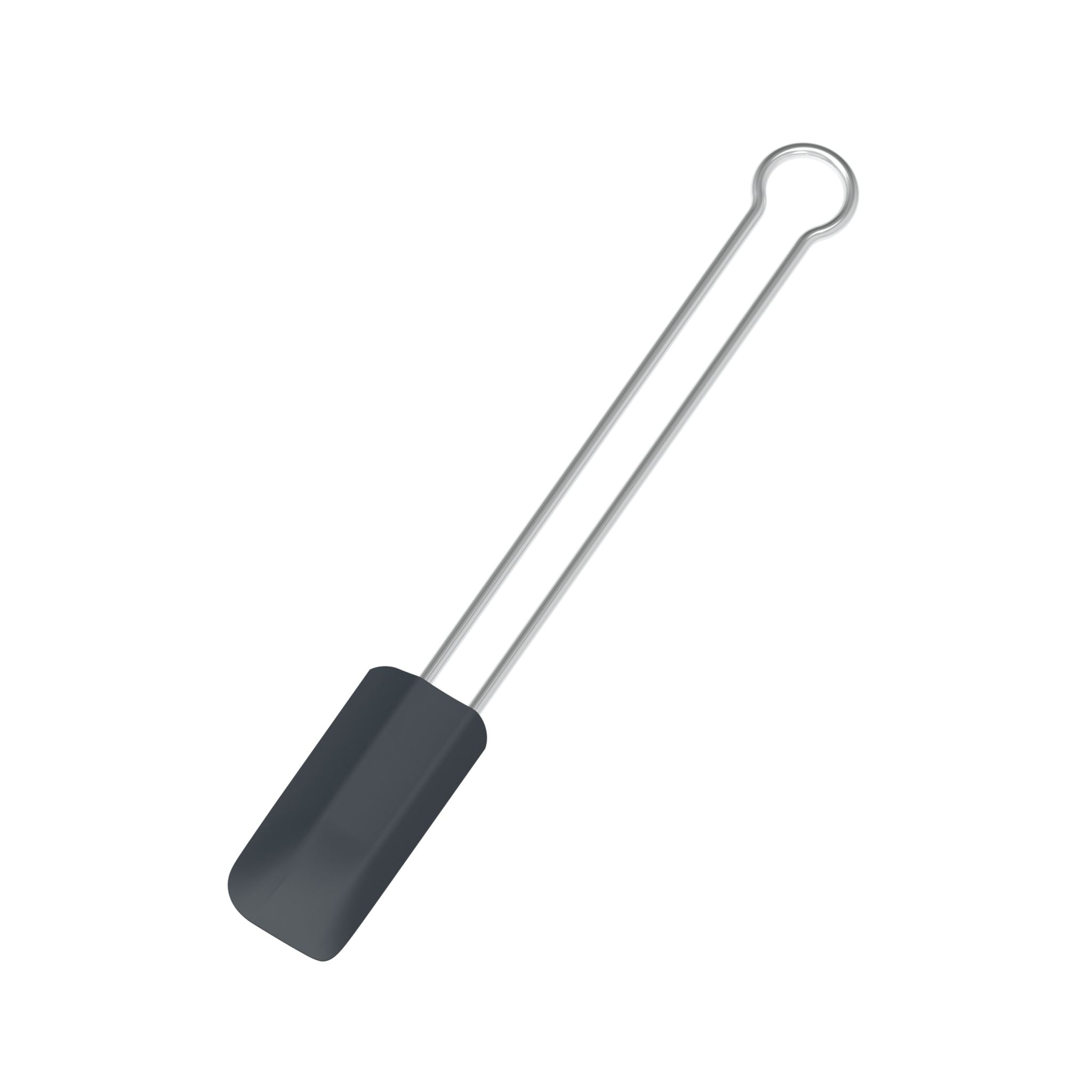 Teigschaber mit anthrazitfarbenem Silikonkopf und Metallgriff mit Ringöse.