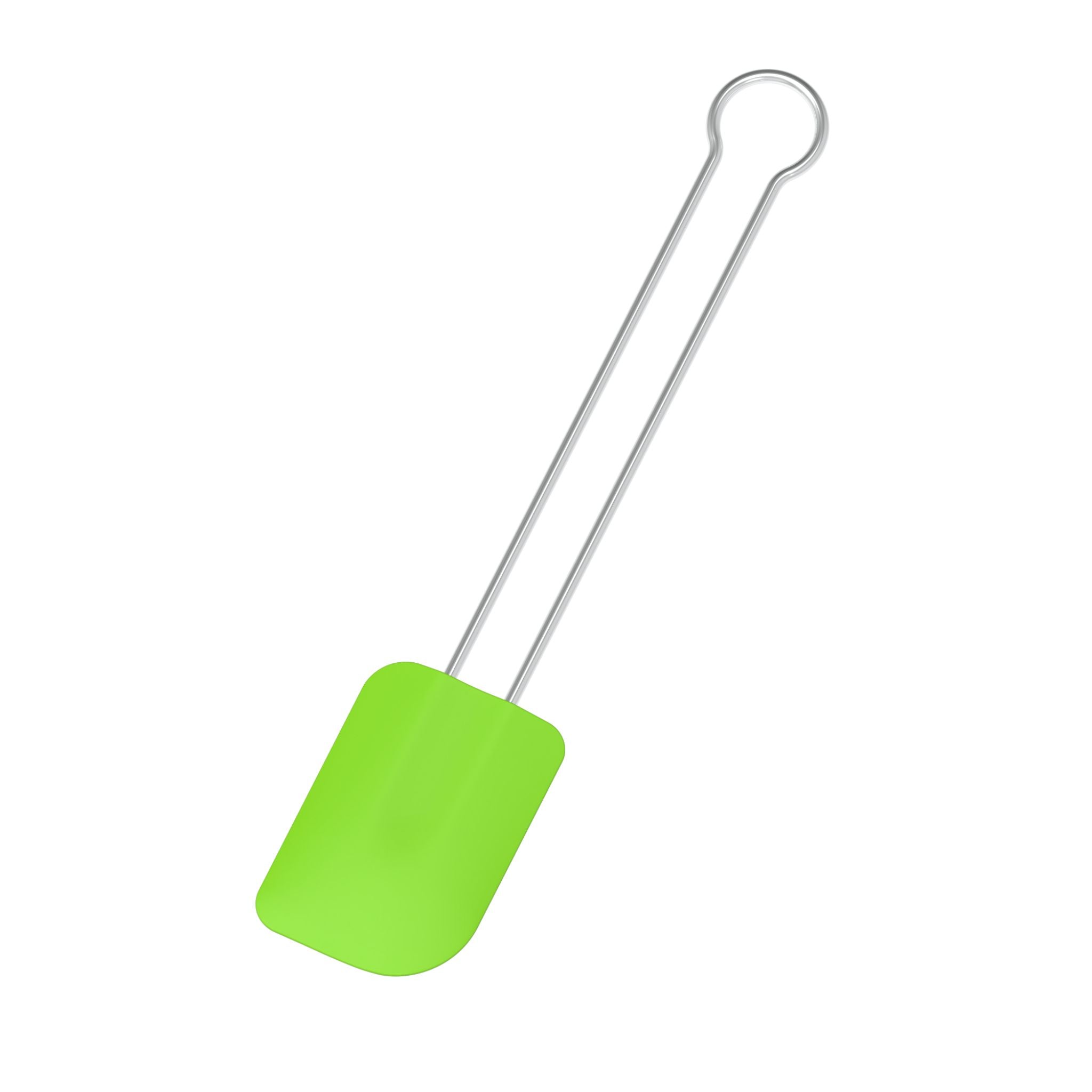 Teigschaber mit limettengrünem Silikonkopf und langem Metallgriff.