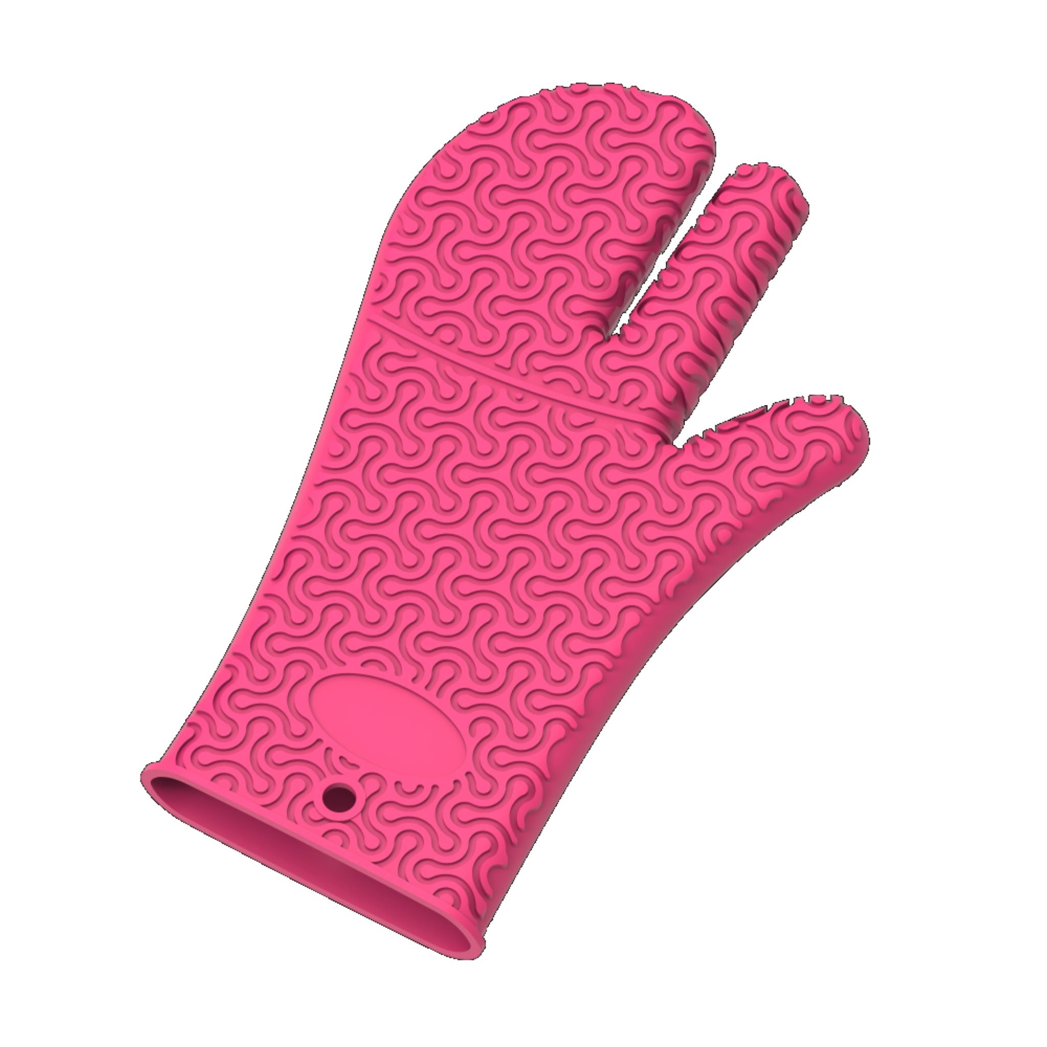 Rosa Ofenhandschuh mit dreifingrigem Design und strukturiertem Muster aus Silikon.