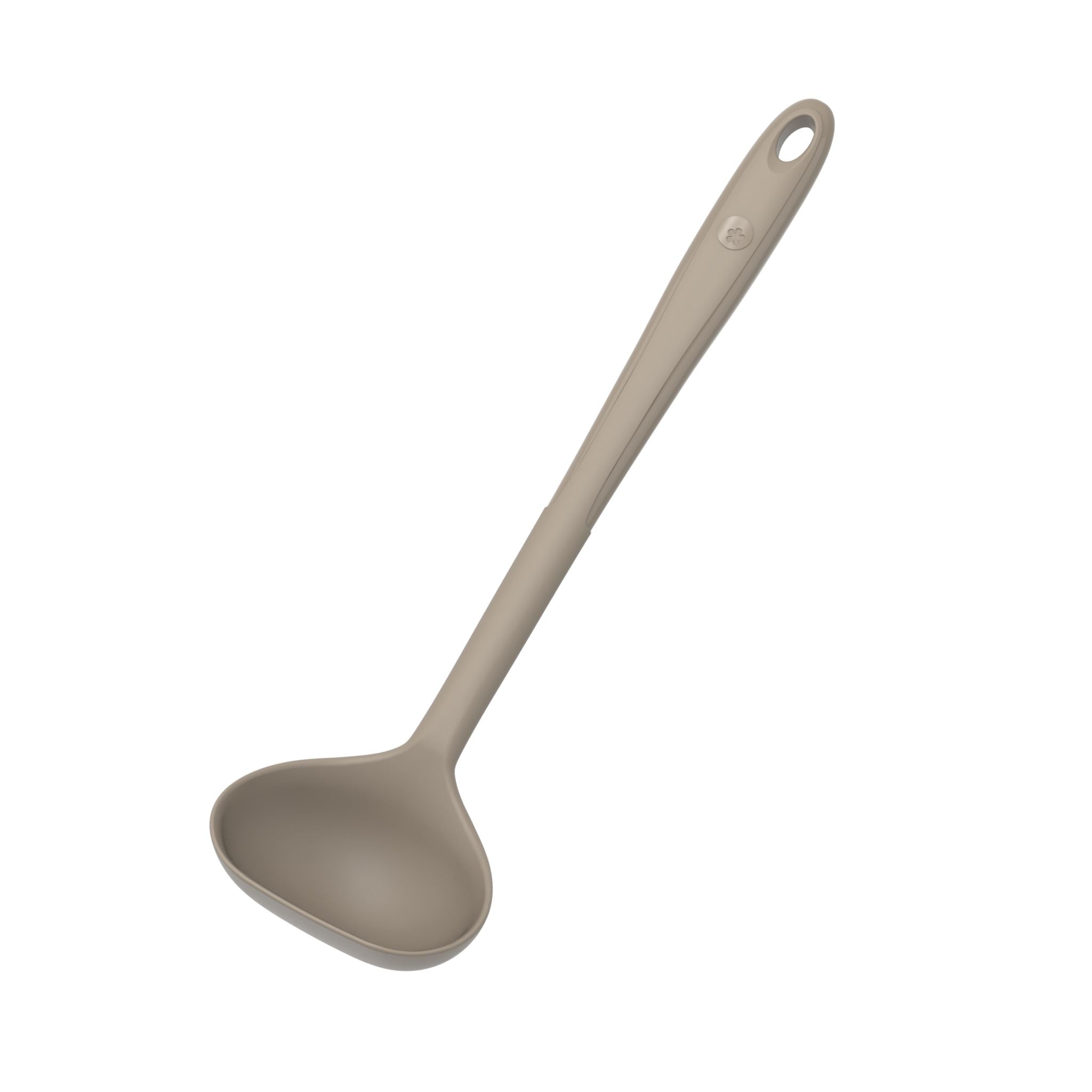 Schöpfkelle in taupe mit langem Griff und rundem, tiefem Löffelteil aus Kunststoff.