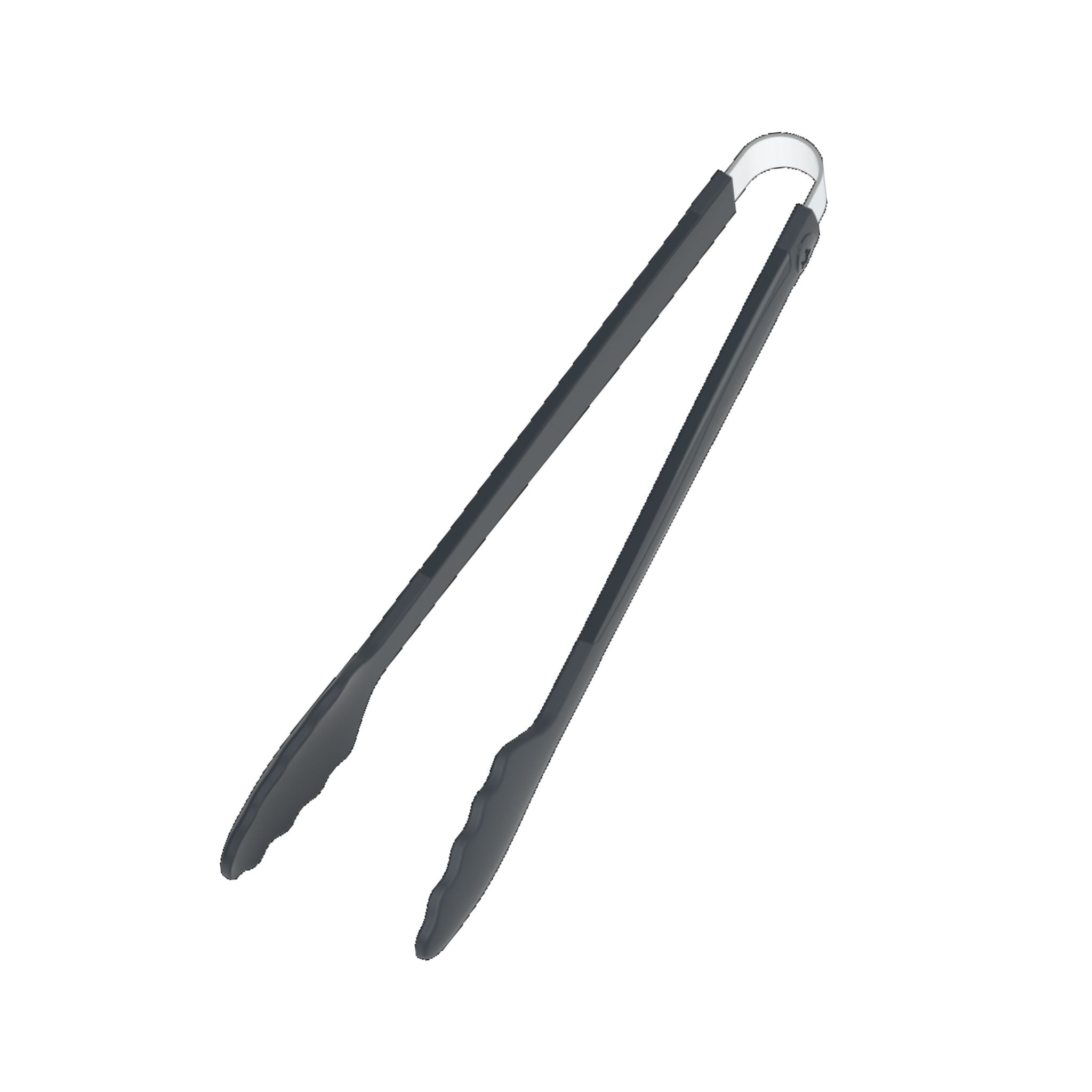 Anthrazitfarbene Grillzange mit gezahnten Enden und Metallring am Griffende.