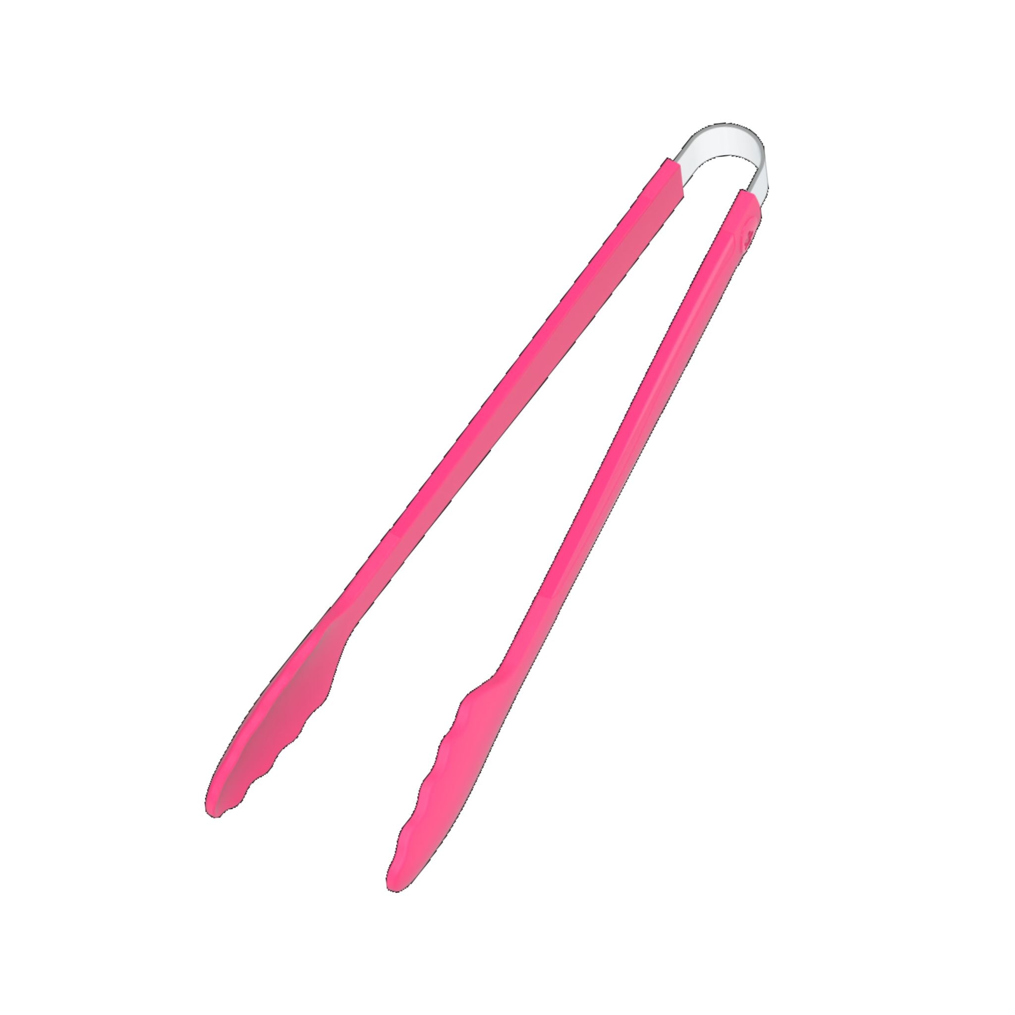 Grillzange mit pinken Silikongriffen und gezahnten Enden aus Metall.