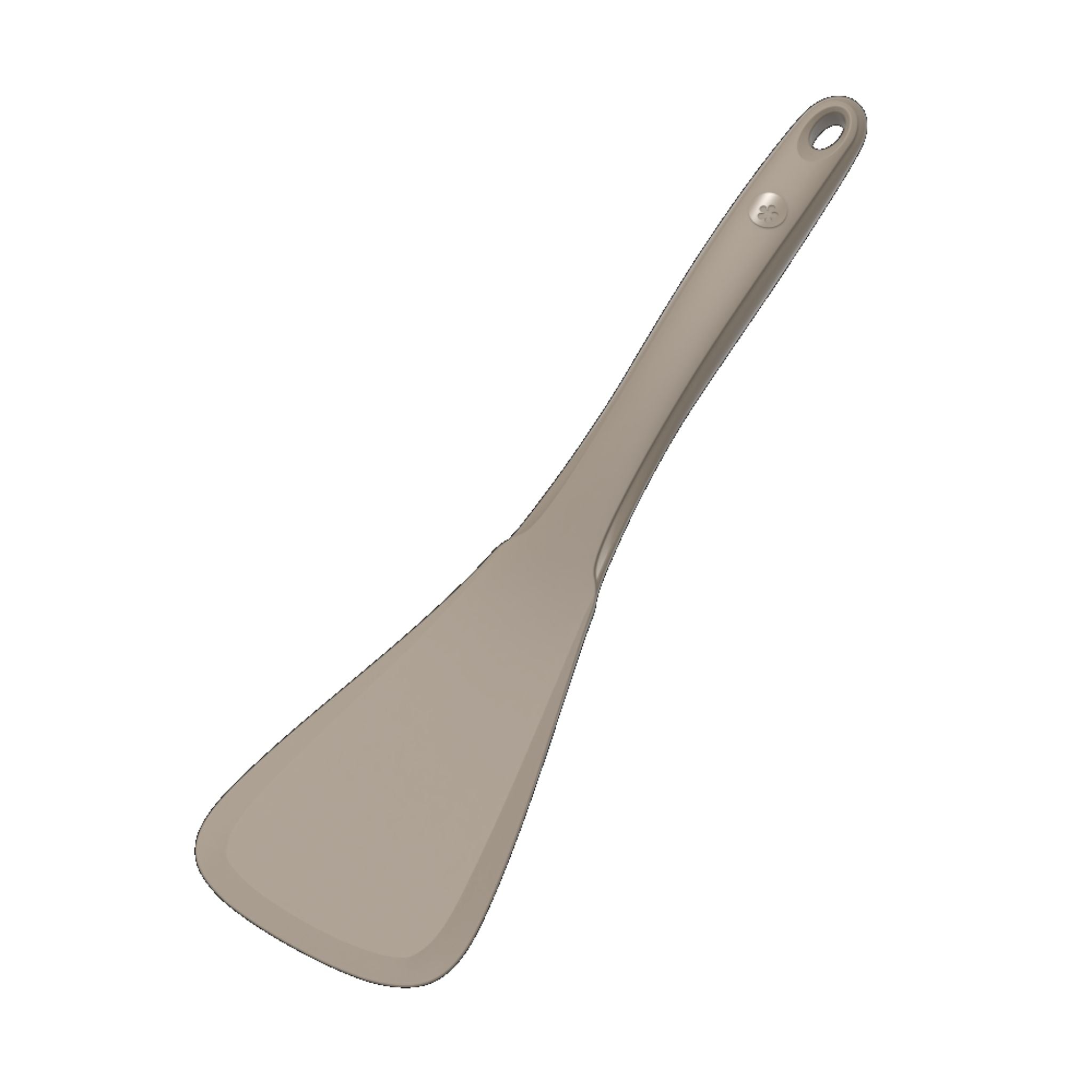 Pfannenwender in Taupe mit langem Griff und Loch zum Aufhängen.