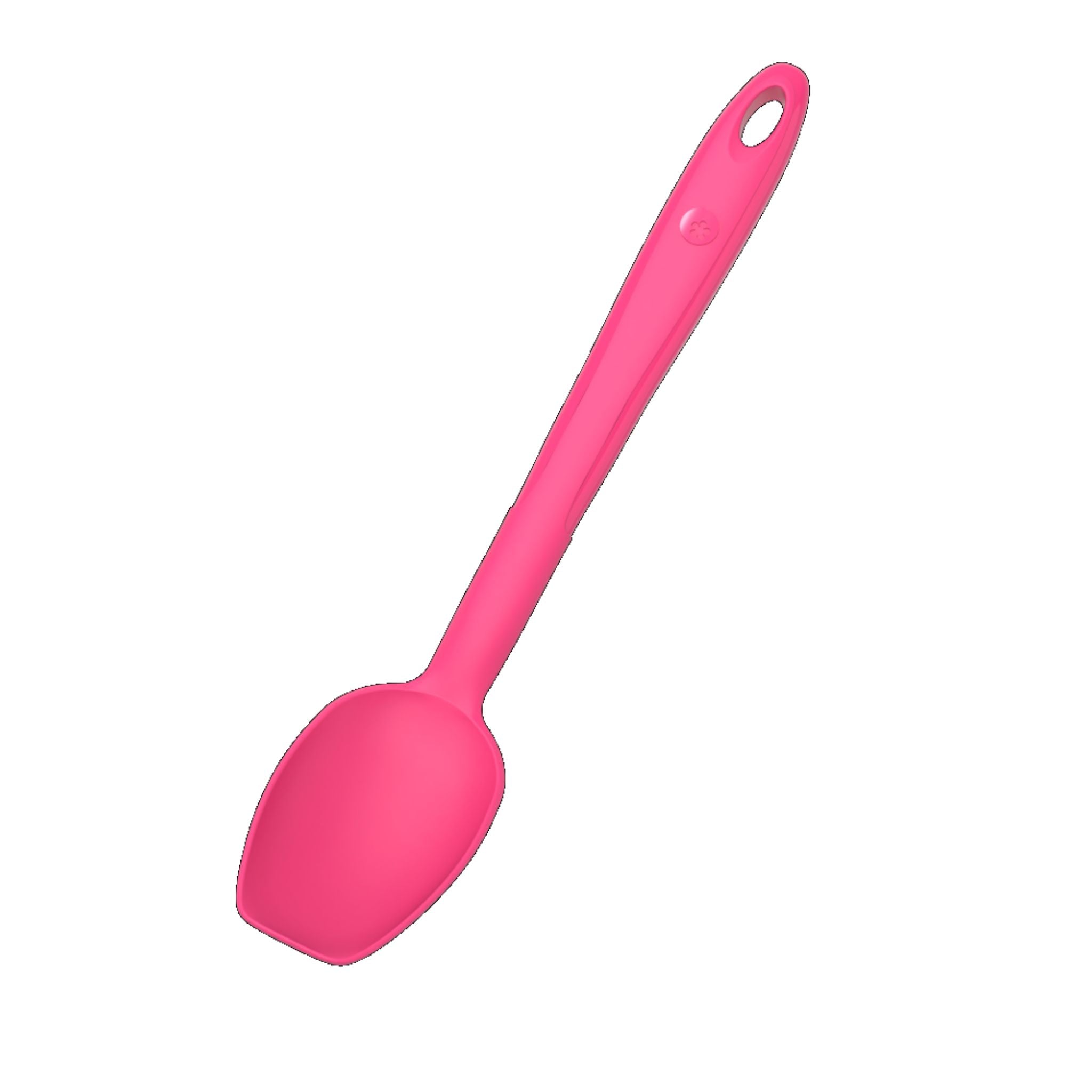 Schlanker Soßenlöffel in kräftigem Pink mit rundem, tiefem Löffelkopf und Aufhängeloch.