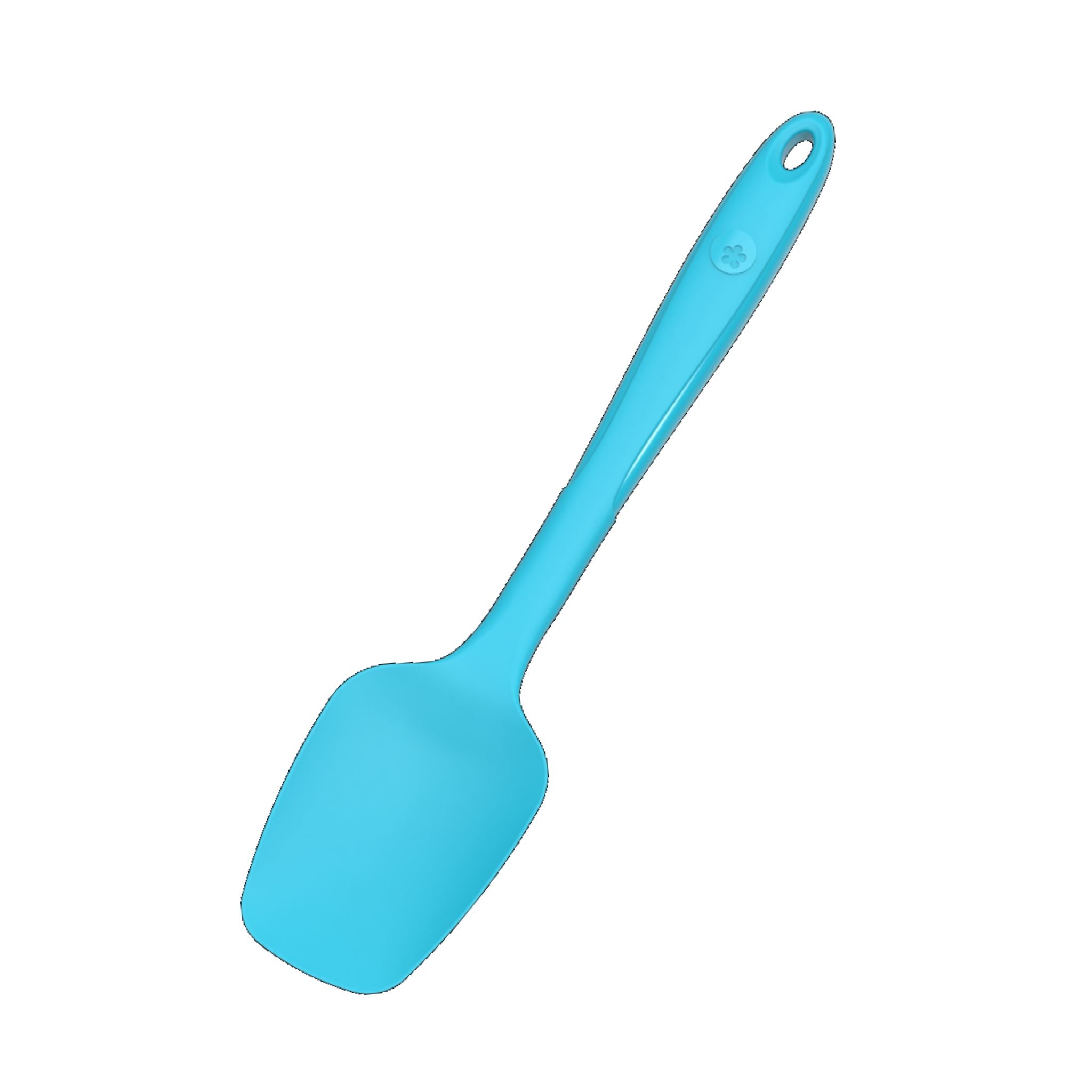 Flexlöffel in Türkis mit flexiblem Silikonkopf und langem Griff mit Aufhängeloch.