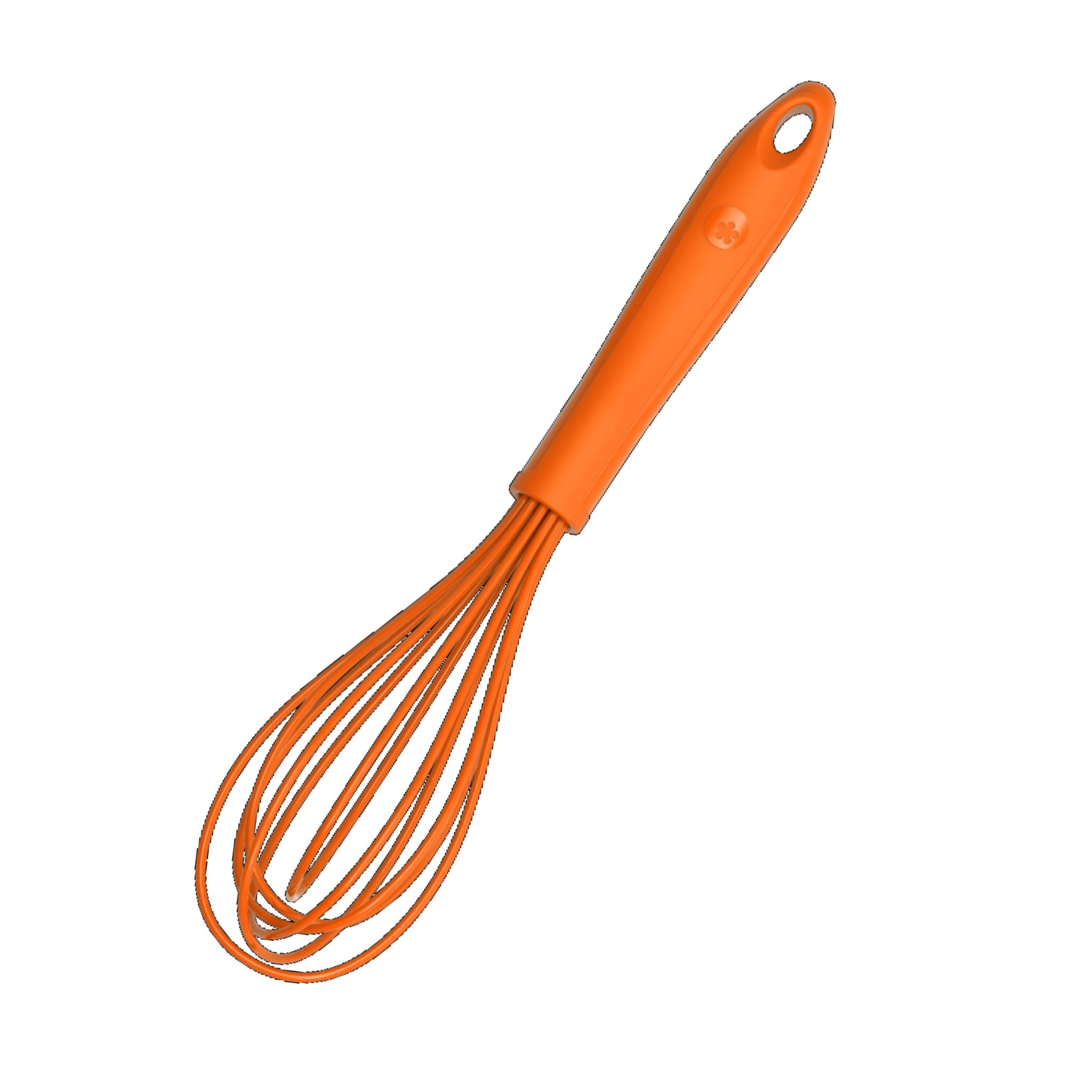 Schneebesen mit orangefarbenem Griff aus Kunststoff und Drahtschlaufen.