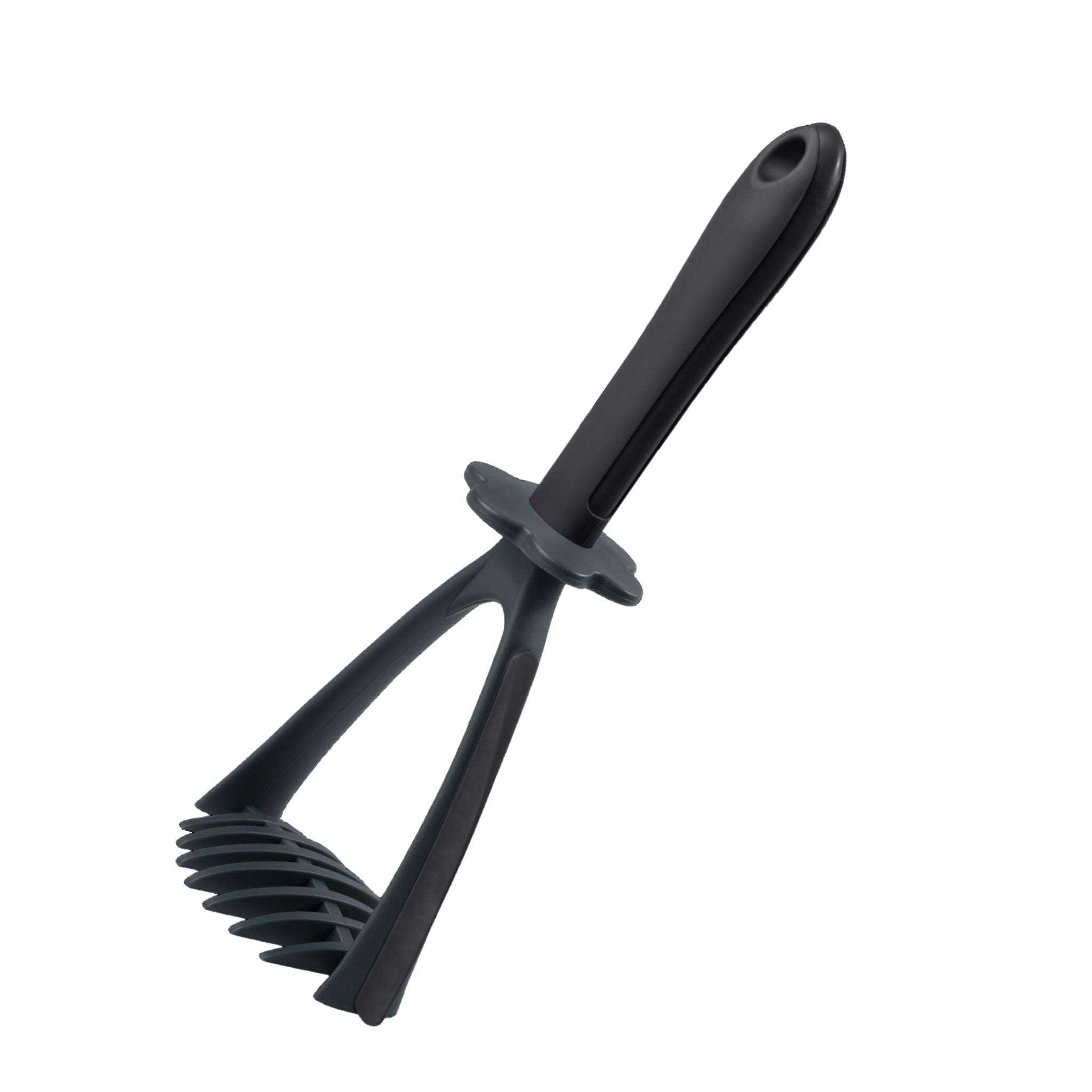 Anthrazitfarbener Kartoffelstampfer mit ergonomischem Griff und gebogenen Zinken.