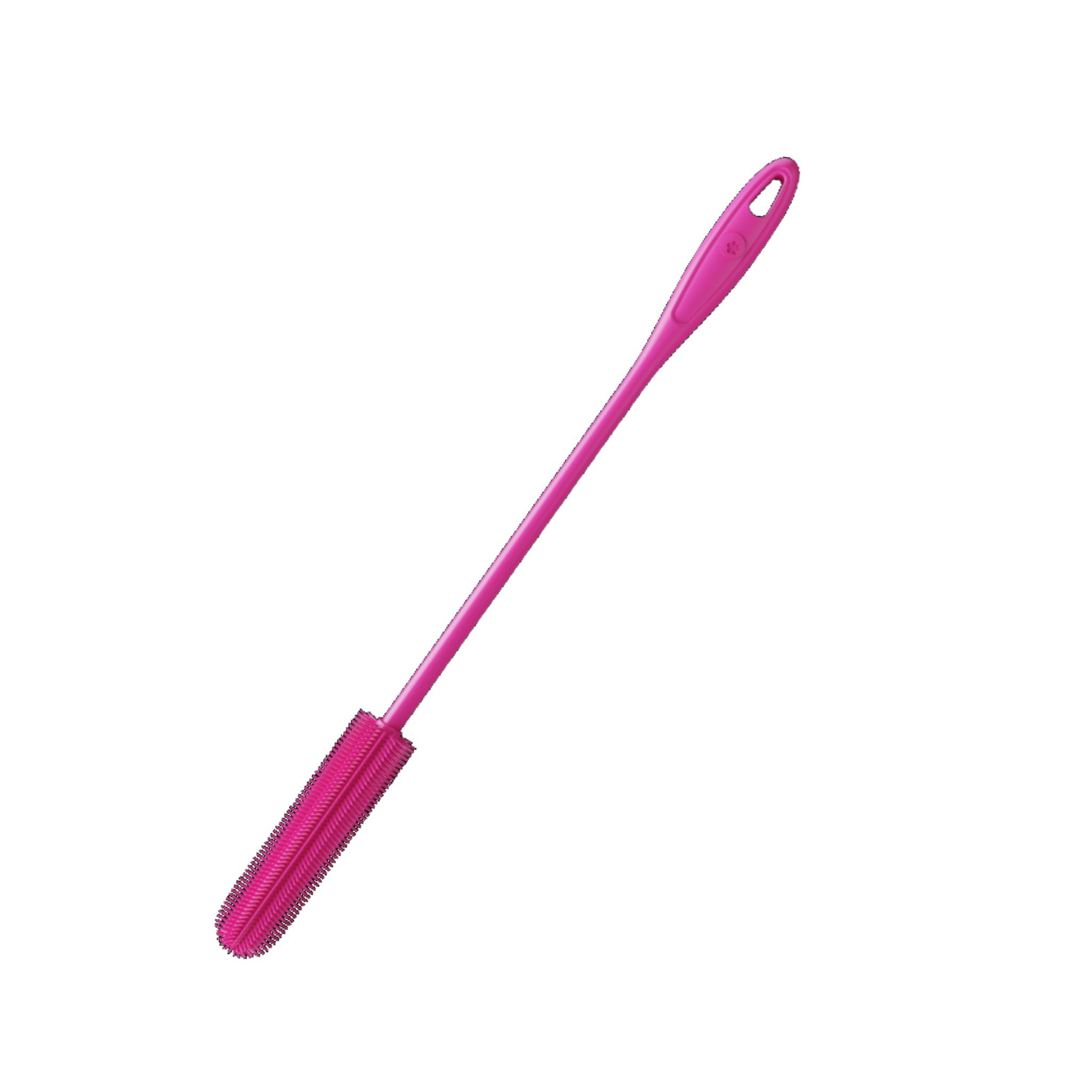 Dünne Flaschenbürste in Pink mit langem Griff und schmalem Bürstenkopf.