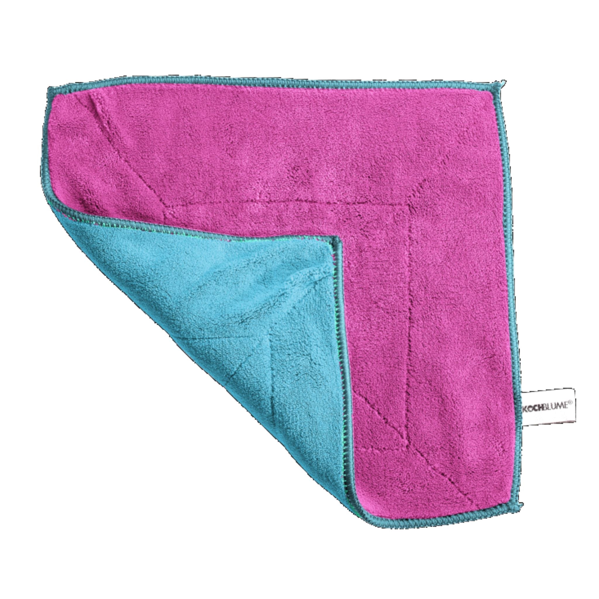 Mikrofasertuch in Pink und Türkis mit eckiger Naht und Schlaufe.