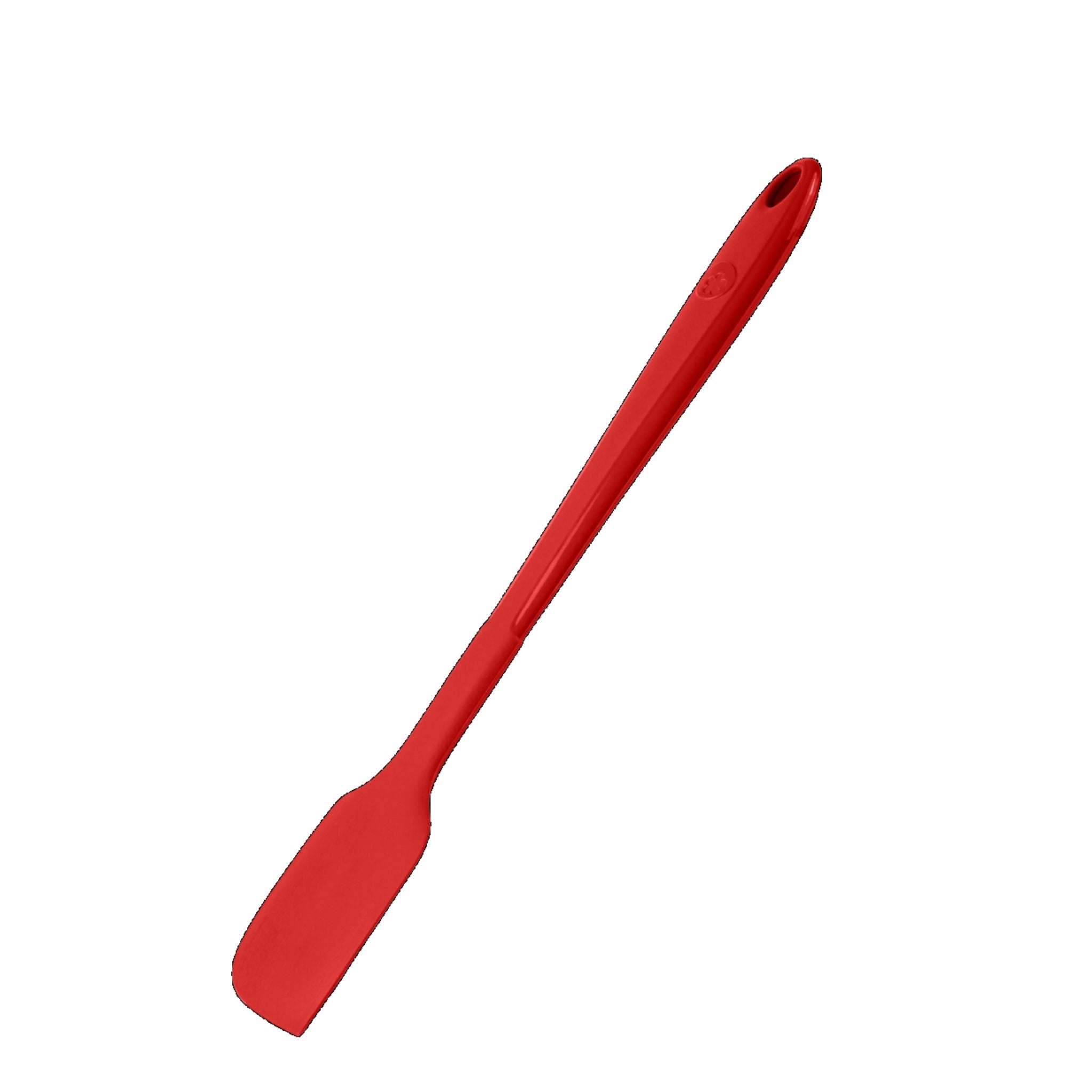 Roter Teigschaber aus flexiblem Material mit langem Griff und Loch zum Aufhängen.