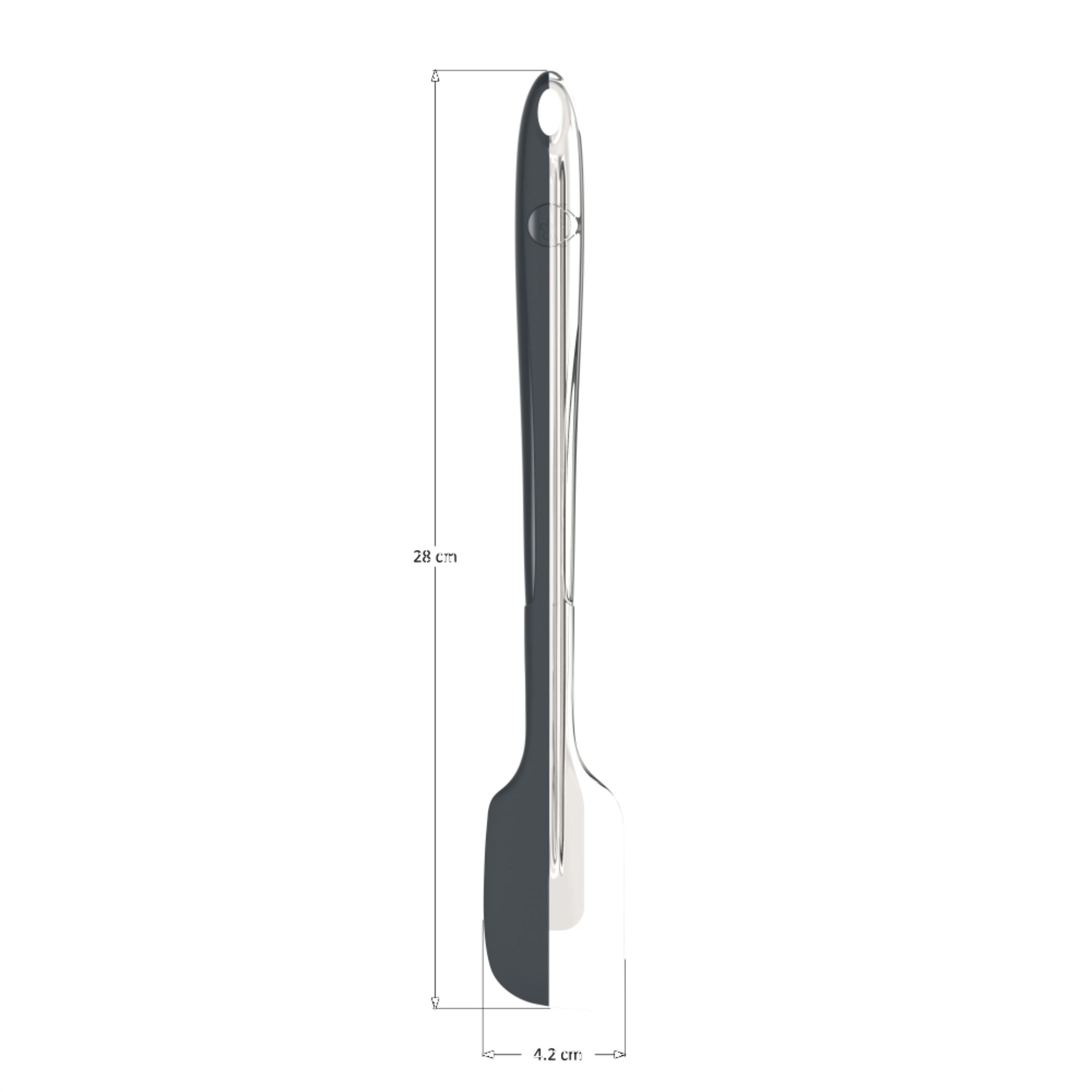 Schwarzer Teigschaber mit Edelstahlgriff, 28 cm lang, 3,2 cm breit.