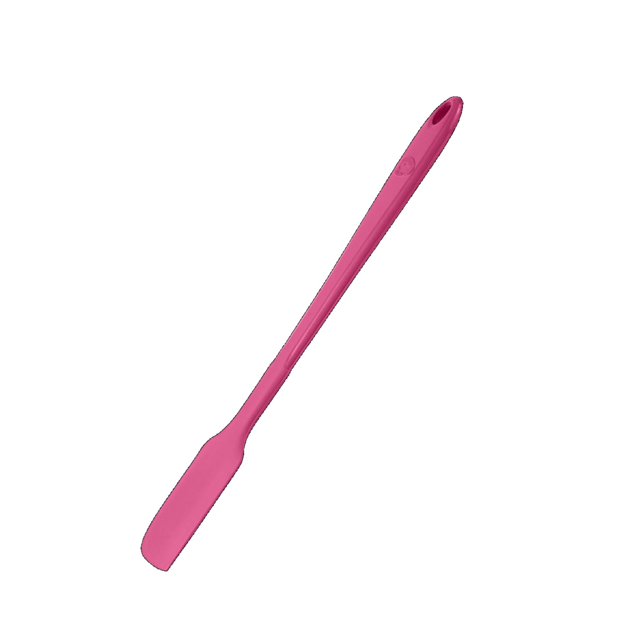 Rosa Teigschaber aus flexiblem Material mit langem Griff und Loch zum Aufhängen.
