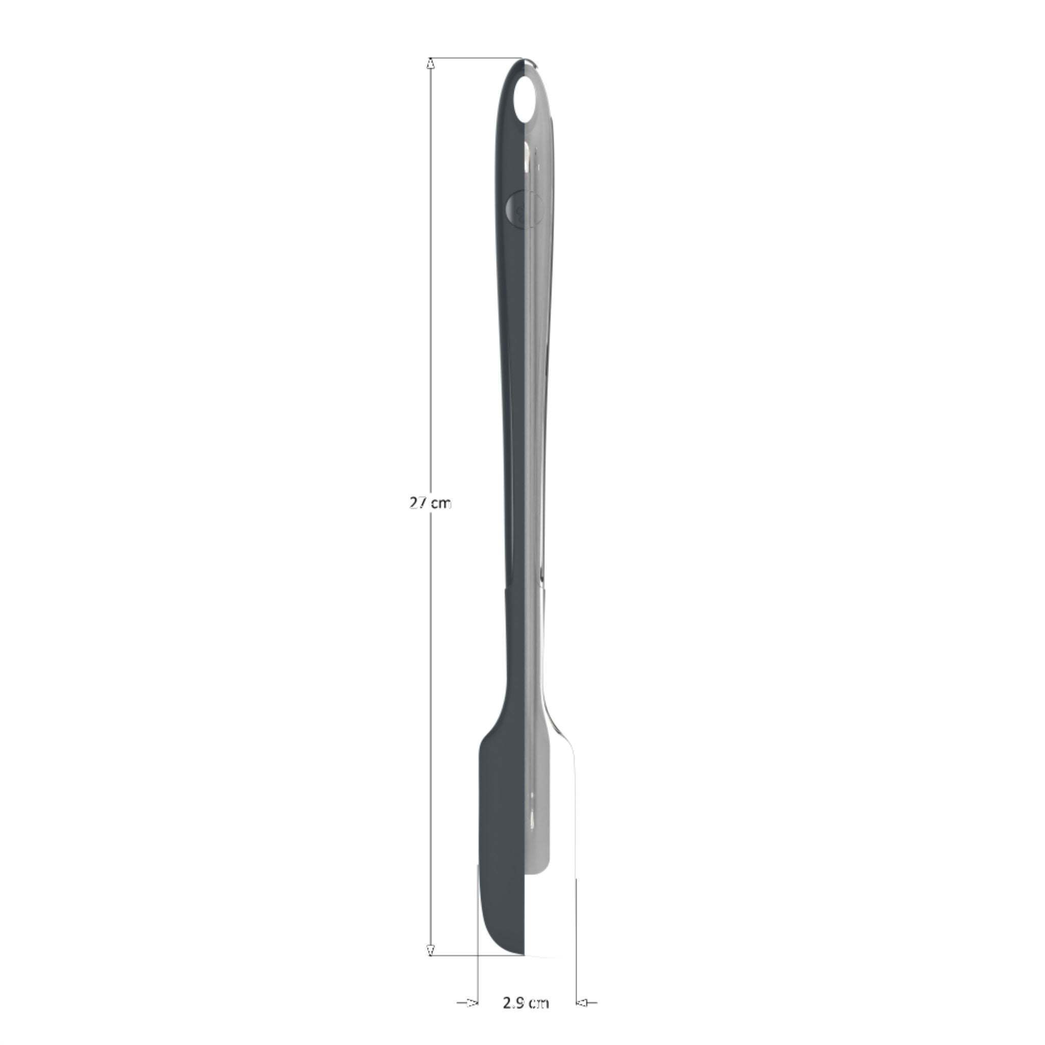 Anthrazitfarbener Teigschaber mit langem Griff und flexiblem Silikonblatt, 27 cm lang.