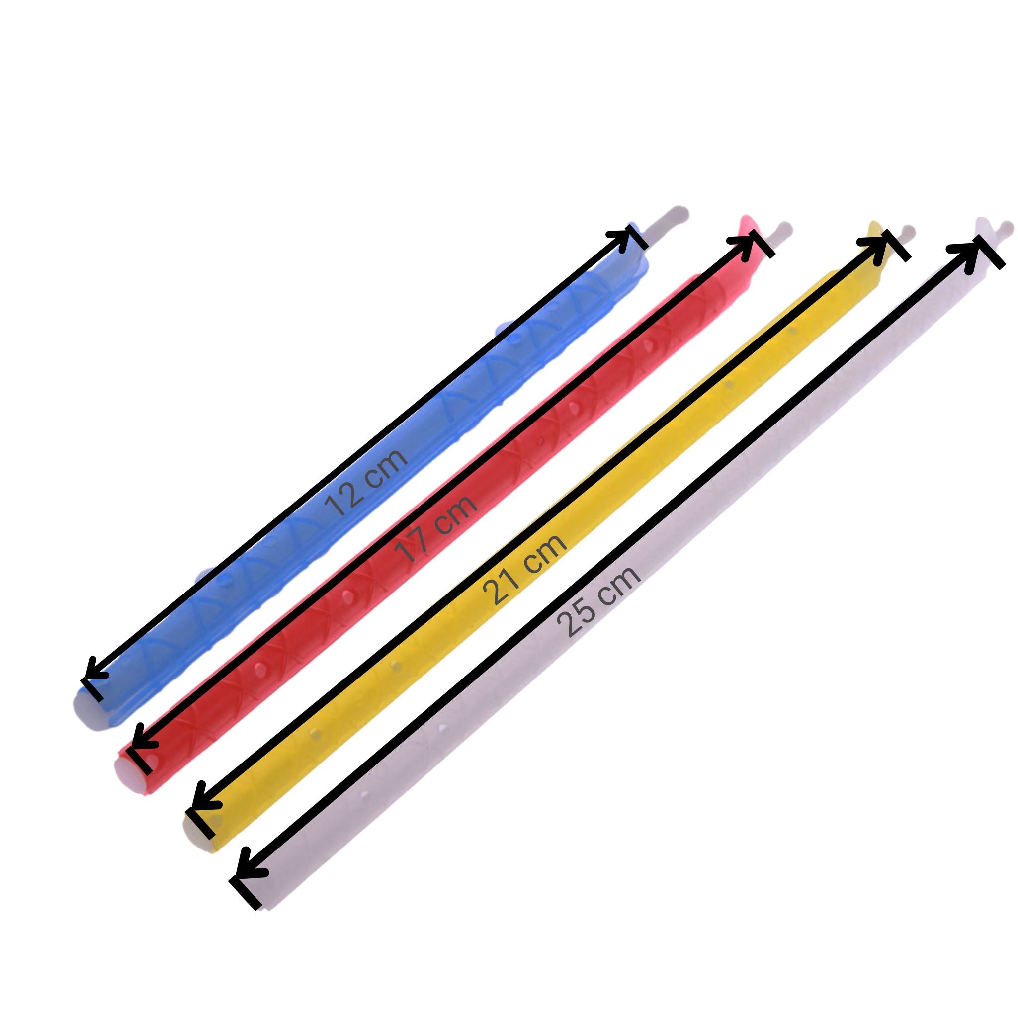 Vier bunte Tütenverschluss Clips in den Längen 12 cm, 17 cm, 21 cm und 25 cm mit Aufdruck der Länge.