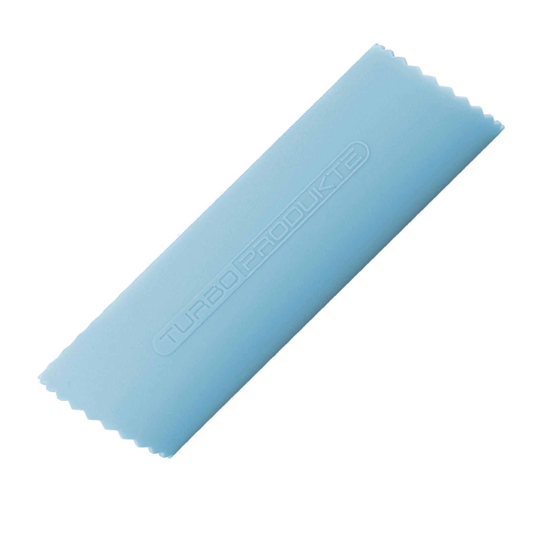 Hellblauer Knoblauchschäler aus flexiblem Silikon mit gezackten Enden.