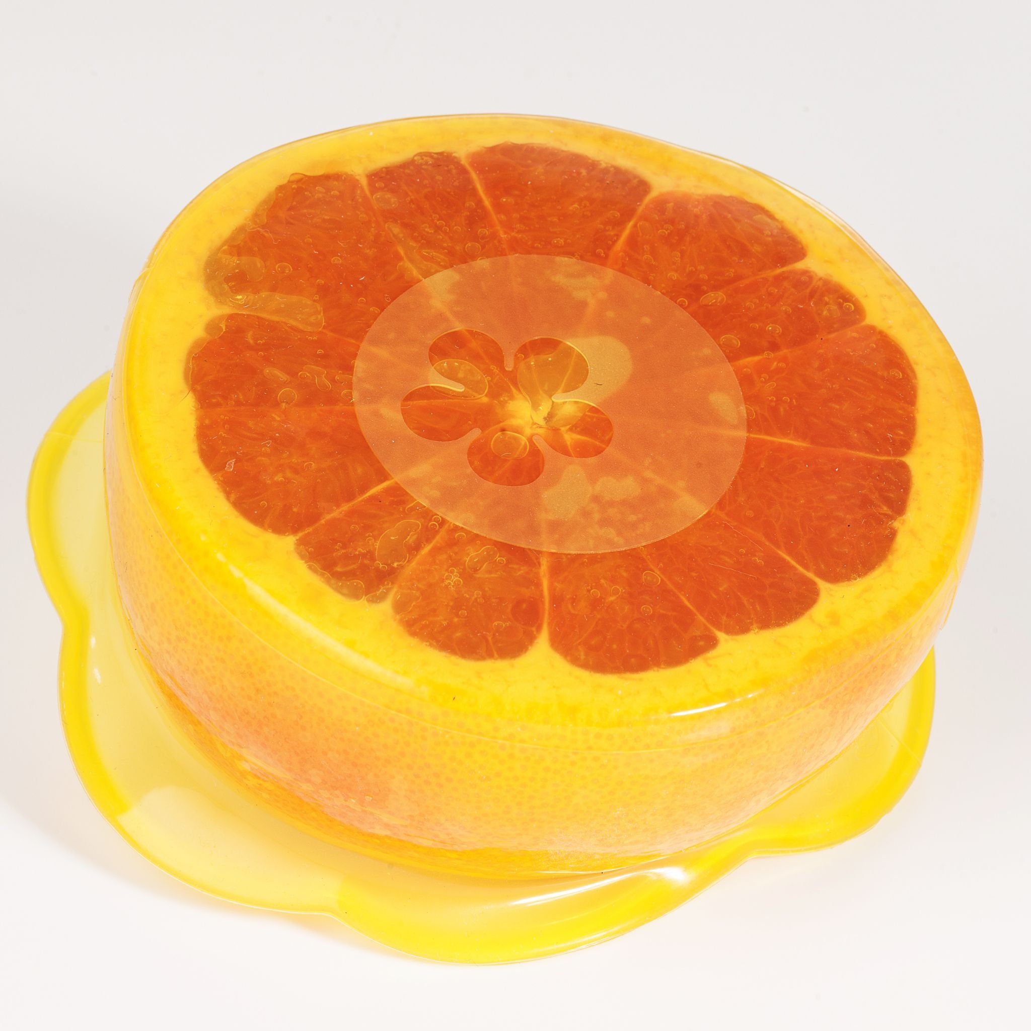 Runder transparenter Deckel mit orangem Grapefruit-Motiv und gelbem Rand.