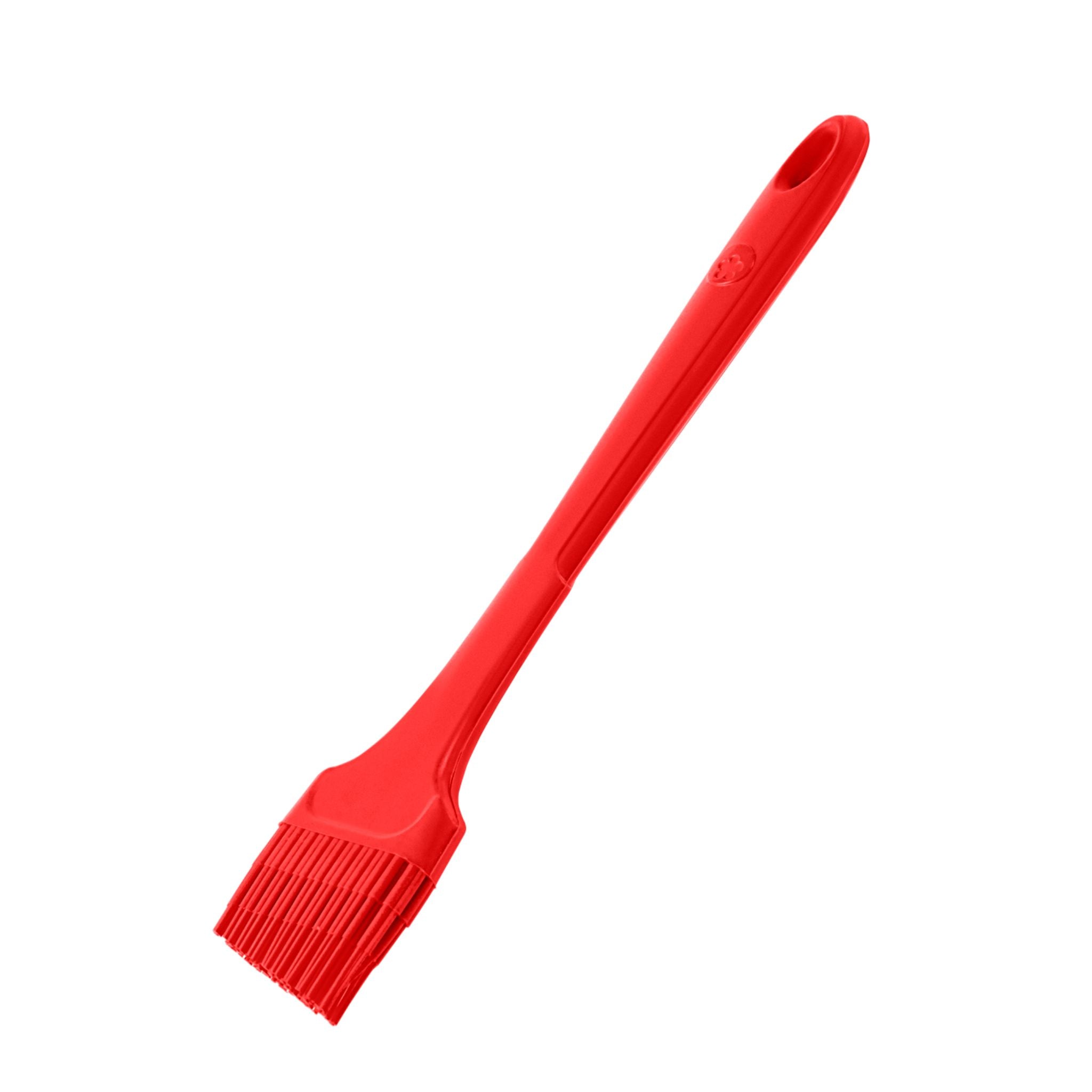 Roter Backpinsel aus Silikon mit langem Griff und Loch zum Aufhängen.