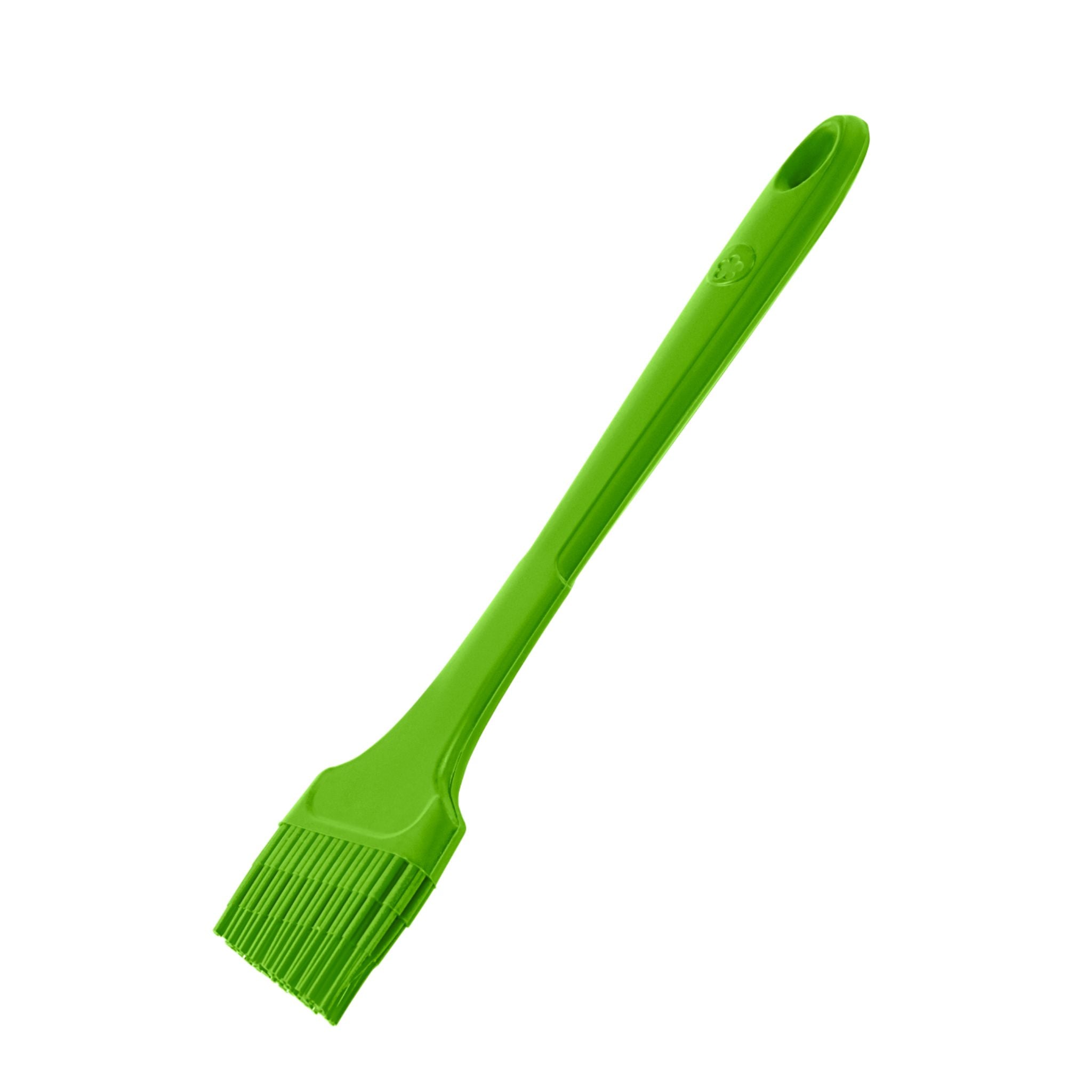Backpinsel aus grünem Silikon mit langem Griff und Aufhängeloch.