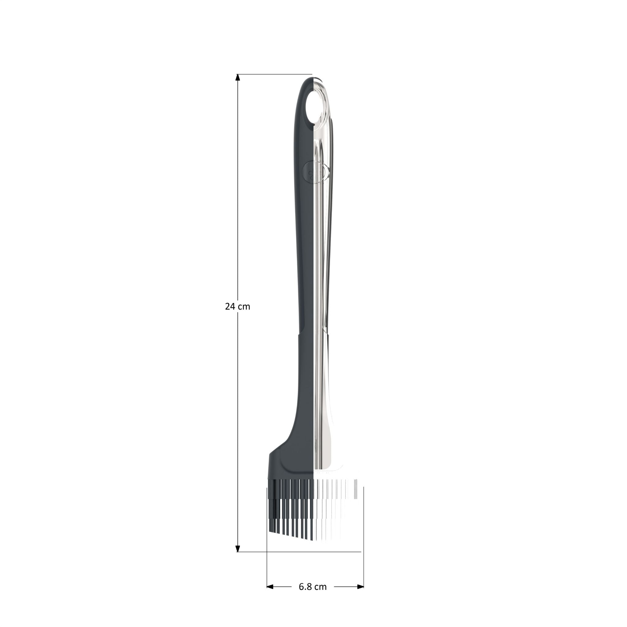 Backpinsel mit weißem Silikonkopf und anthrazitfarbenem Griff, 28 cm lang.