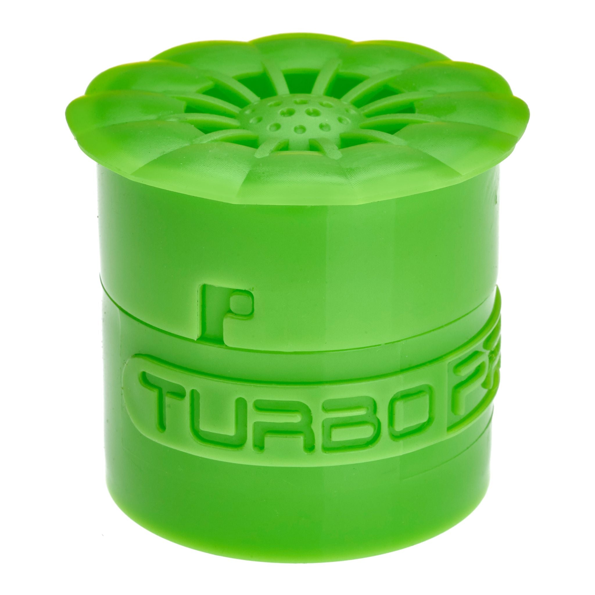 Grüne Fruchtfliegenfalle aus Kunststoff mit Blütenmuster oben und Prägung "TURBO" an der Seite.