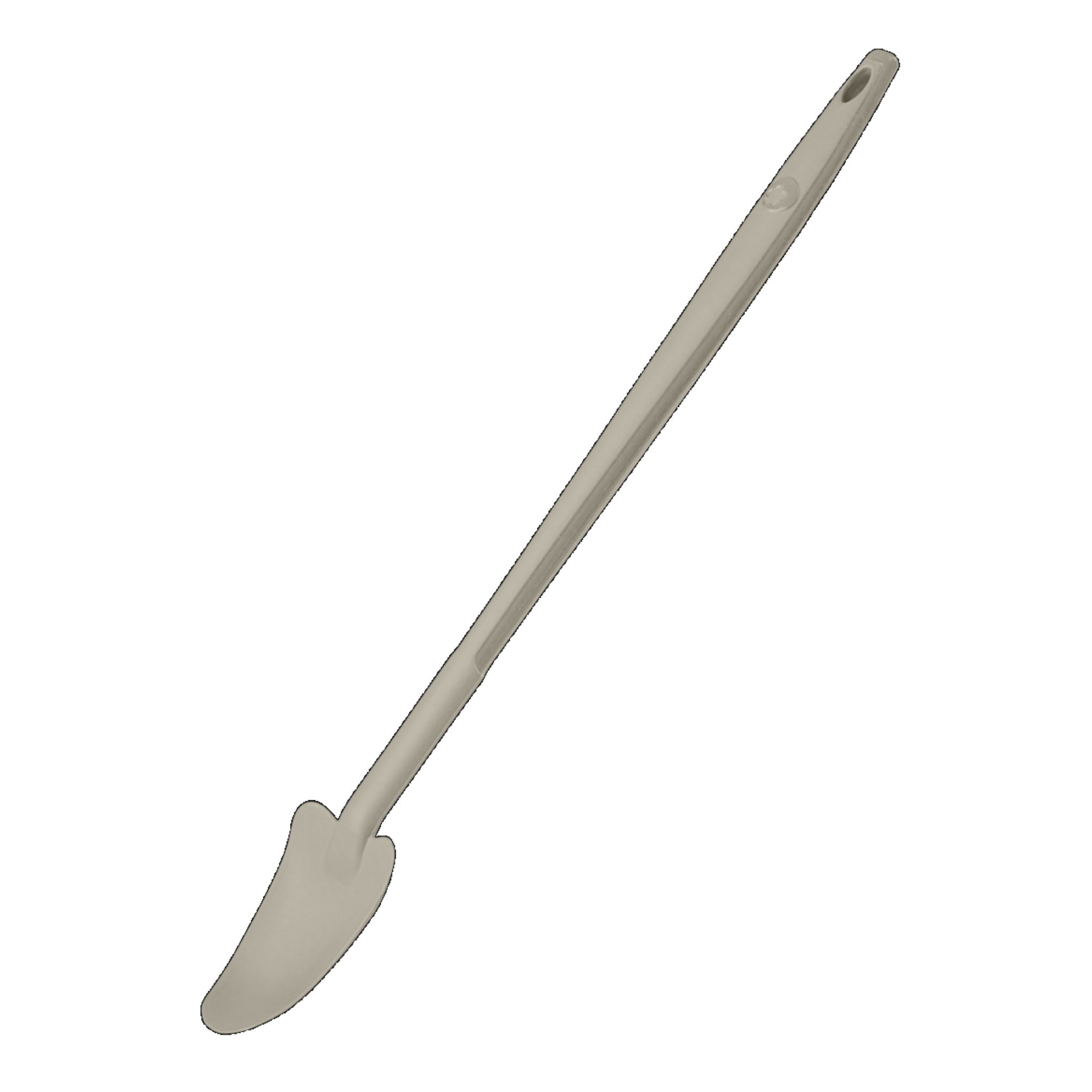Restelöffel in Taupe mit langem Griff und spitz zulaufender Kelle aus Kunststoff.