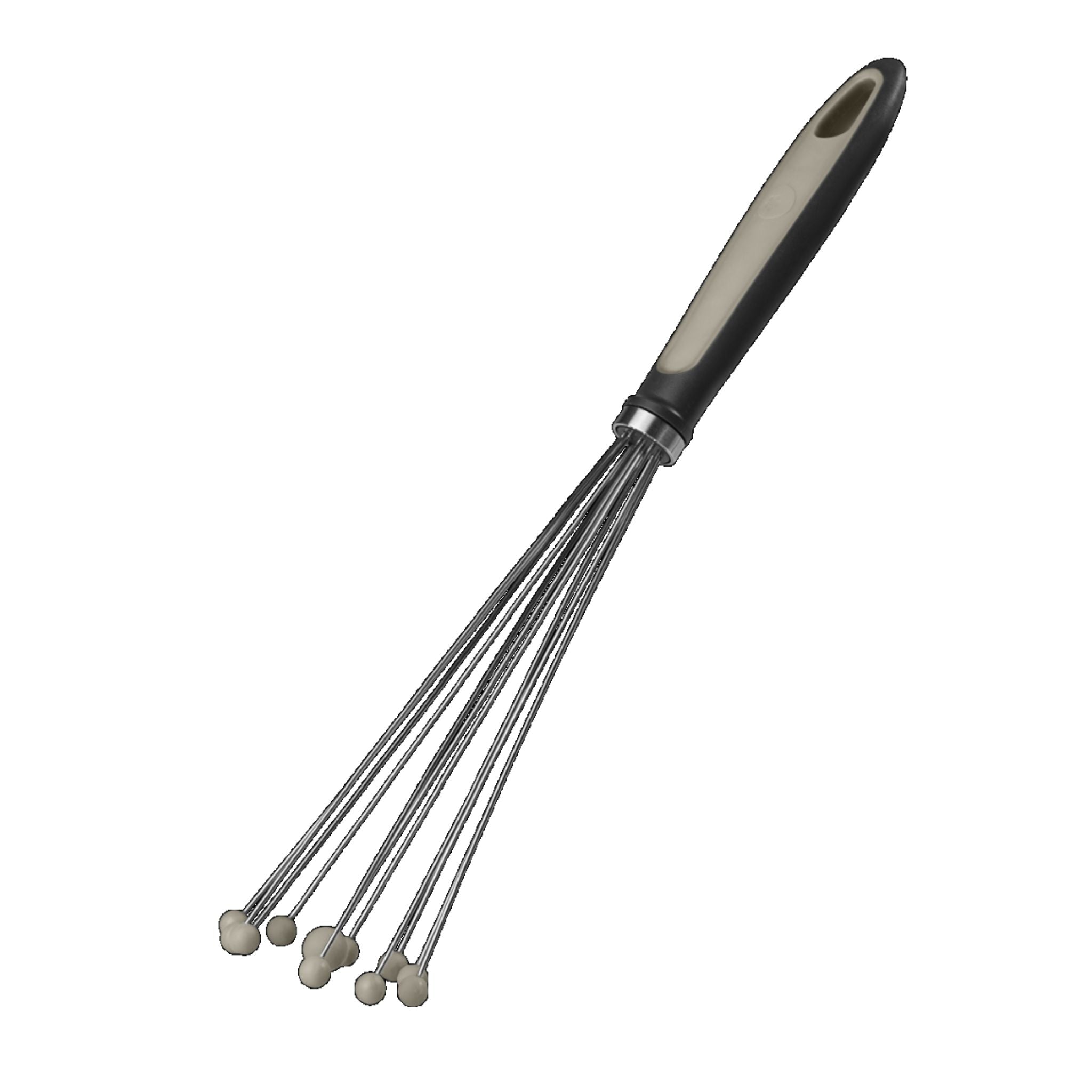 Kugelschneebesen mit schwarzen Griff und Edelstahl Drähten, Enden mit kleinen Kugeln ausgestattet.
