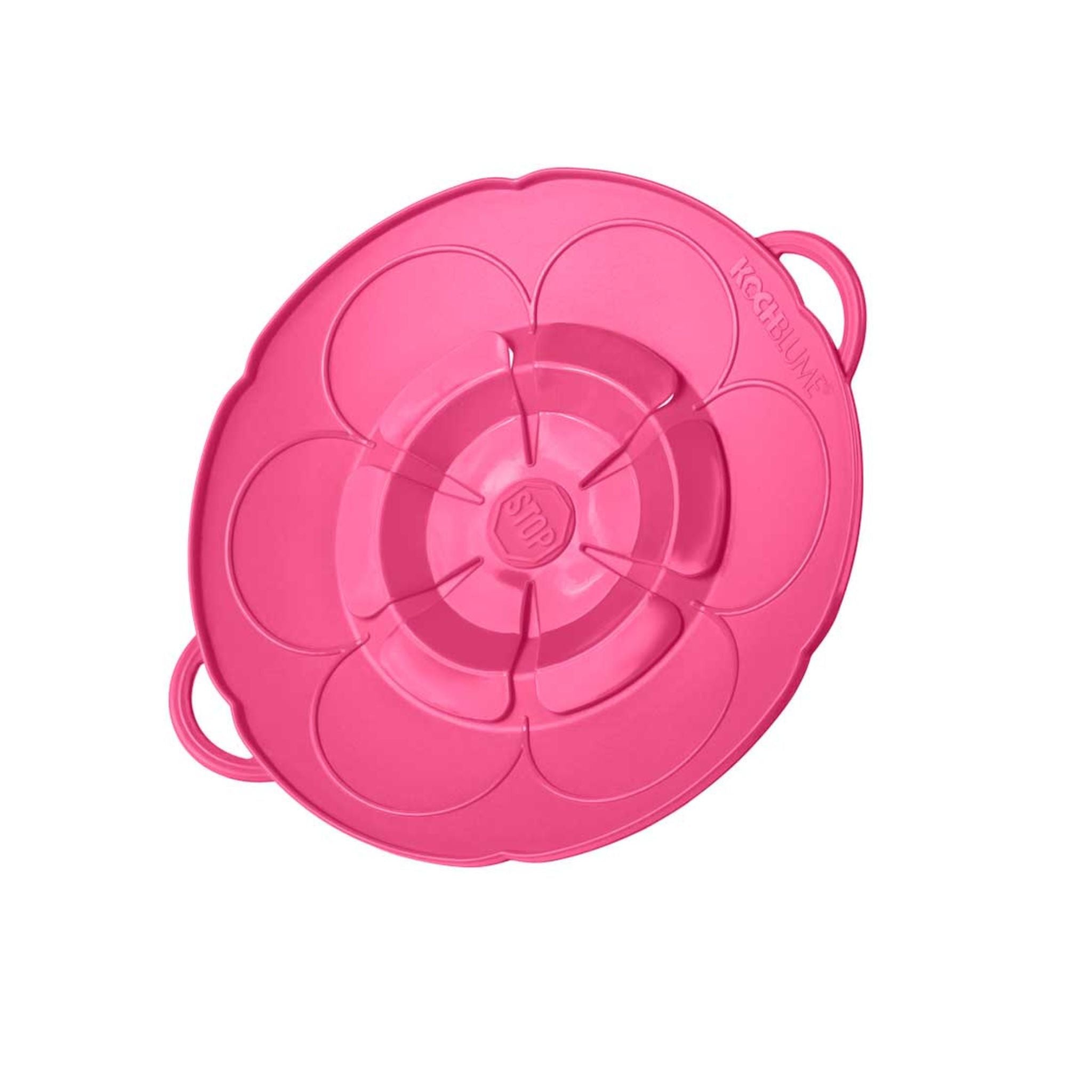 Runde Silikon-Kochblume in Pink mit Griffen und flexibler Struktur.