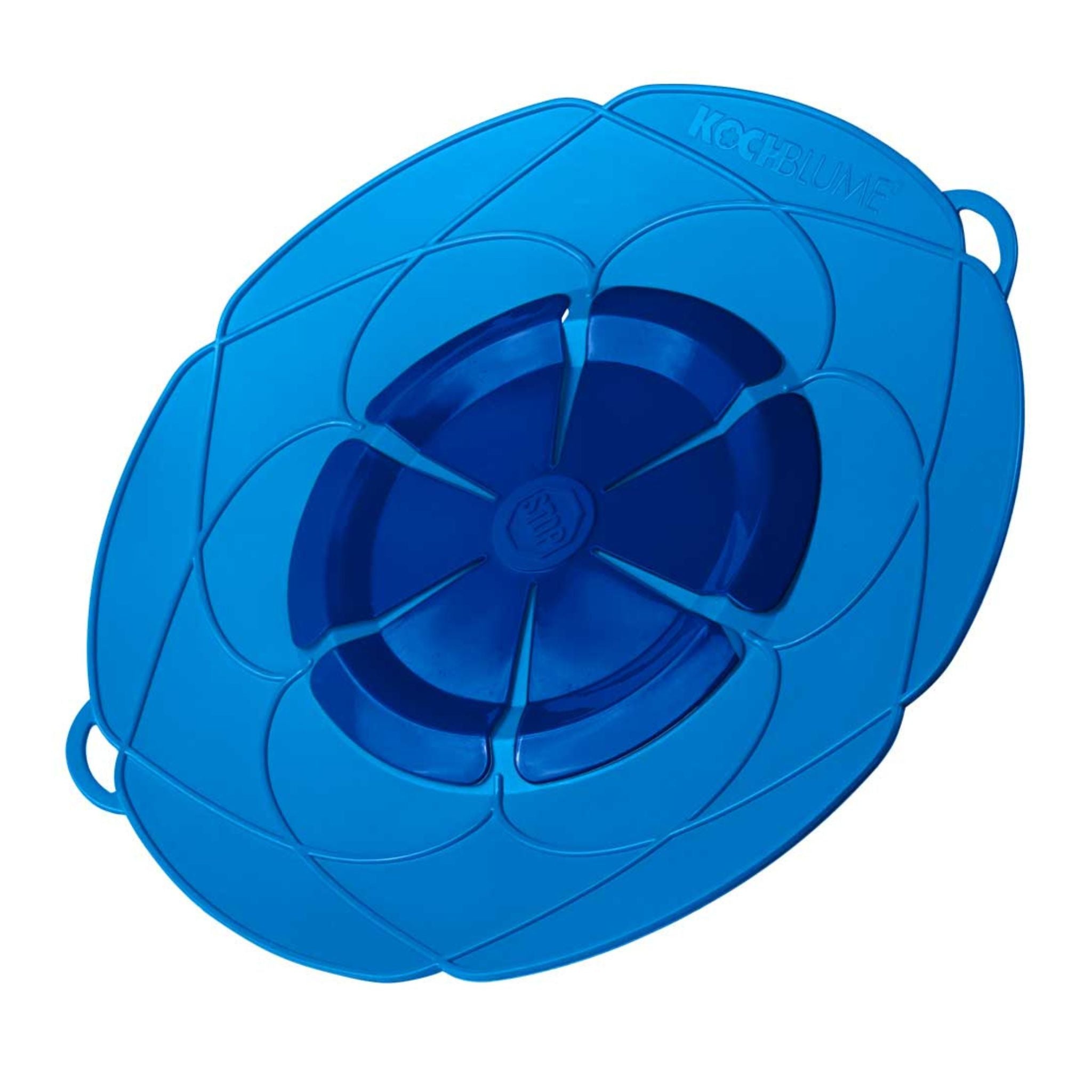 Kochblume Topfdeckel in Blau mit flexiblen Silikonlamellen und Griffen.