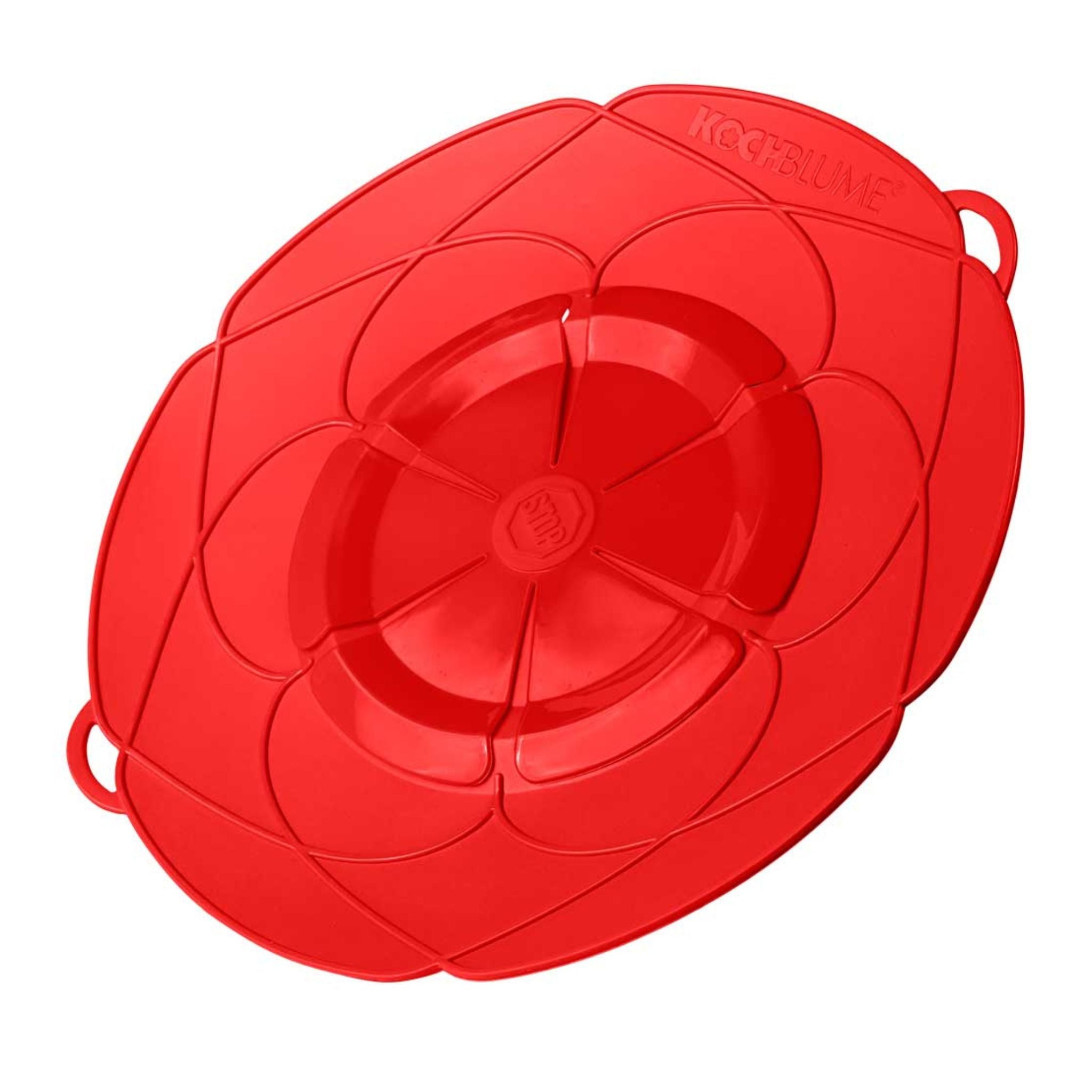 Rote Silikondeckel in Blütenform mit Griffen, flexibel und hitzebeständig.