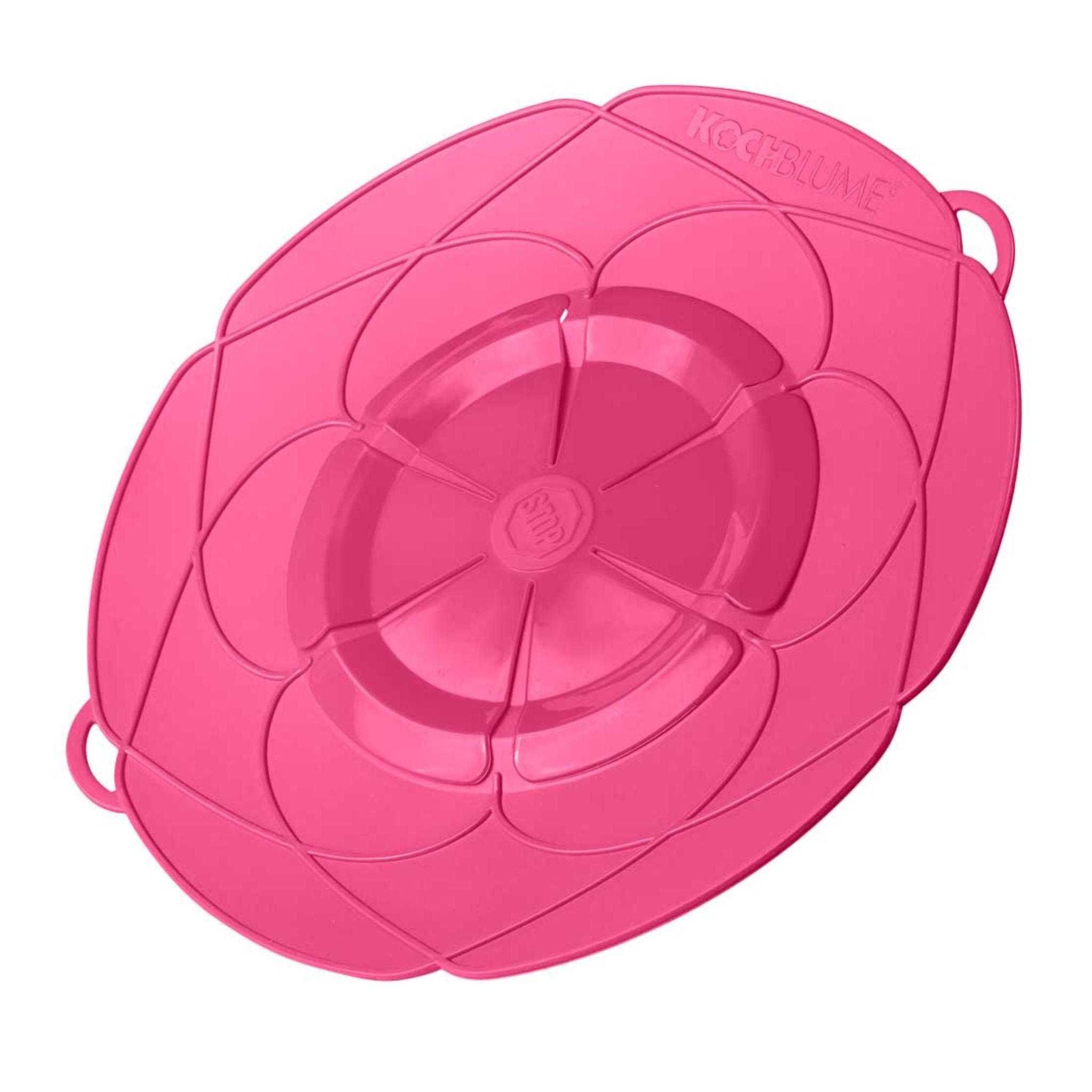 Flexible, pinkfarbene Silikon-Deckelblume mit Blütenform und Griffen.