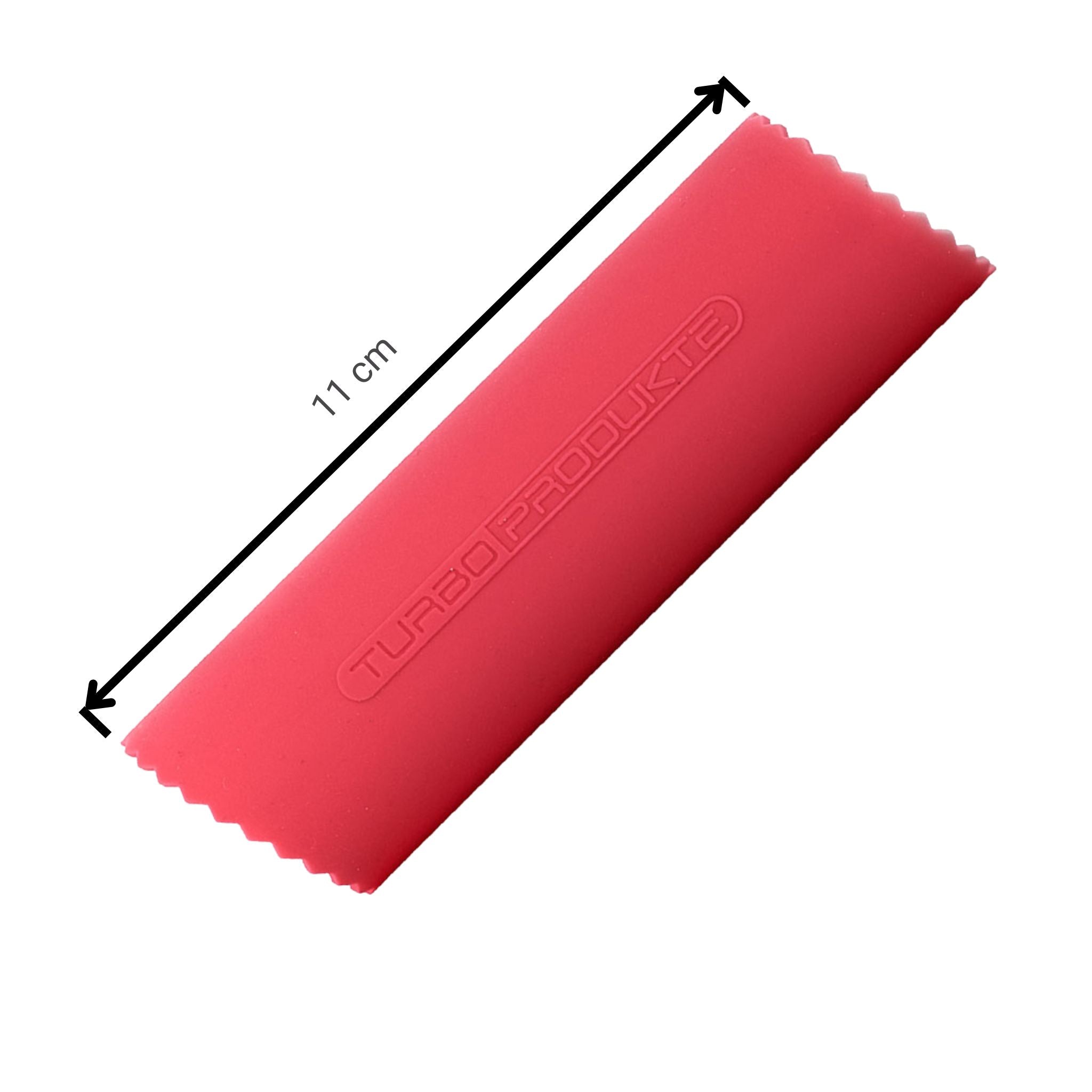 Rosa Knoblauchschäler aus flexiblem Silikon mit gezackten Enden und 11 cm Länge.