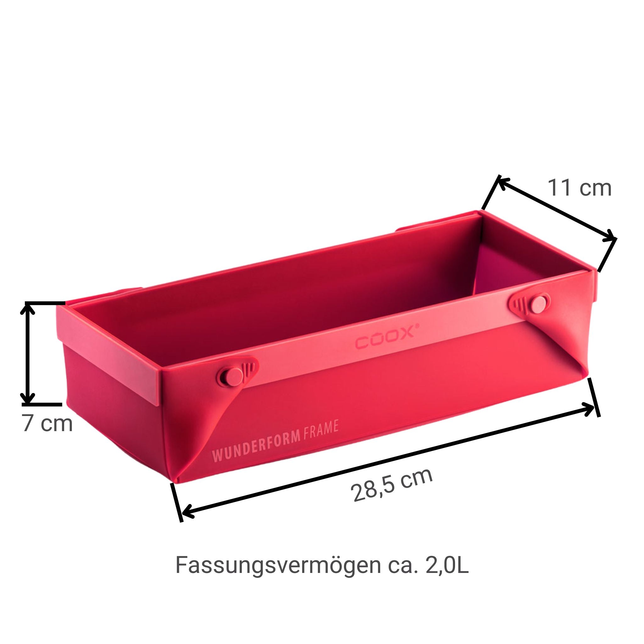 Rote rechteckige Aufbewahrungsschale aus Kunststoff mit 28,5 x 11 cm und 7 cm Höhe.