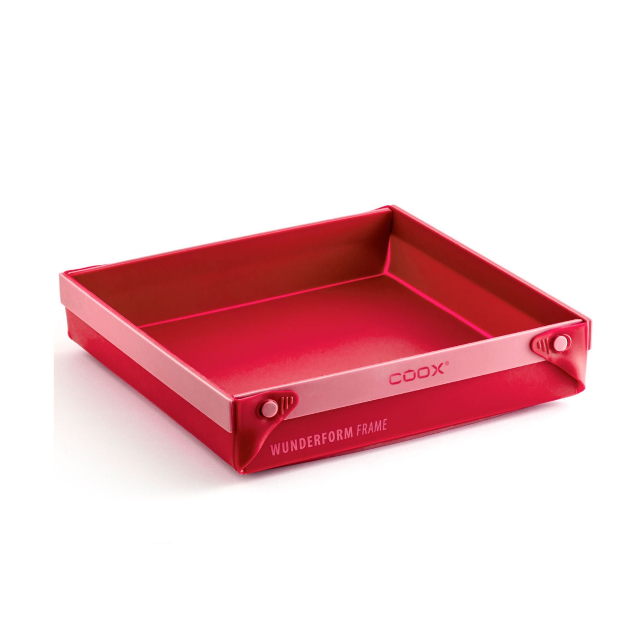 Rote quadratische Pfanne mit hohen Seitenwänden und Griffen aus langlebigem Material.