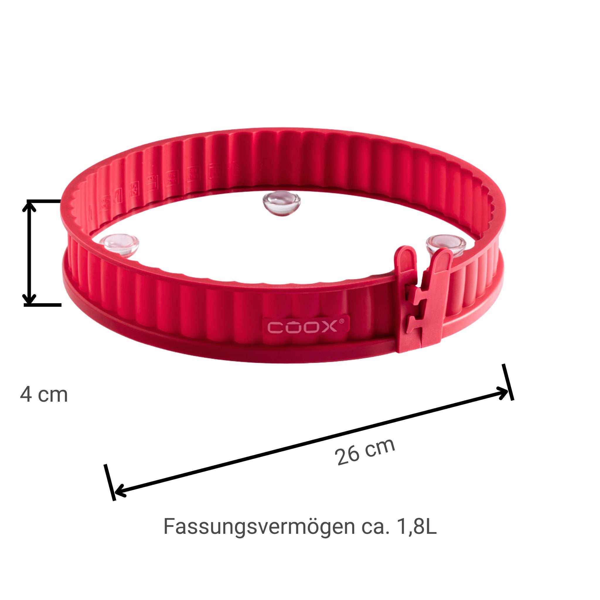 Rote Quicheform aus Silikon mit 26 cm Durchmesser und 4 cm Höhe, verstellbarer Rand.