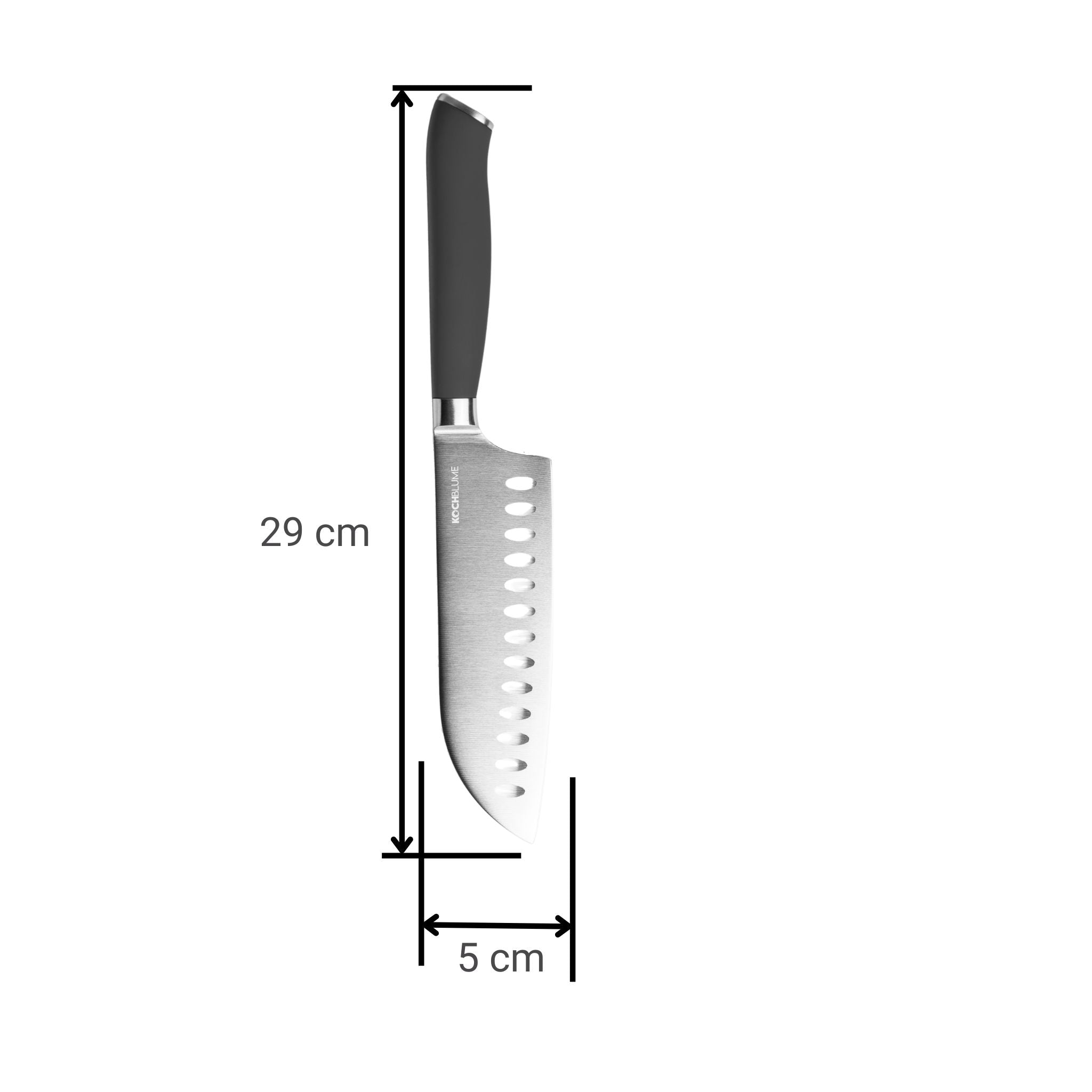 Santokumesser mit schwarzem Griff und gelochter Klinge, 29 cm lang, 5 cm breit.