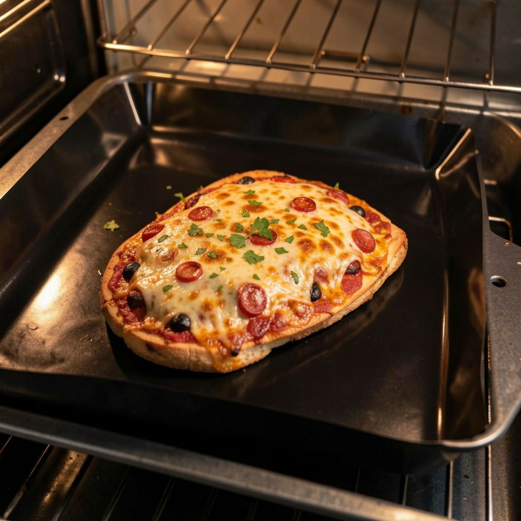 Backblech mit gebackener Pizza im Ofen auf dunkler Dauerbackfolie.