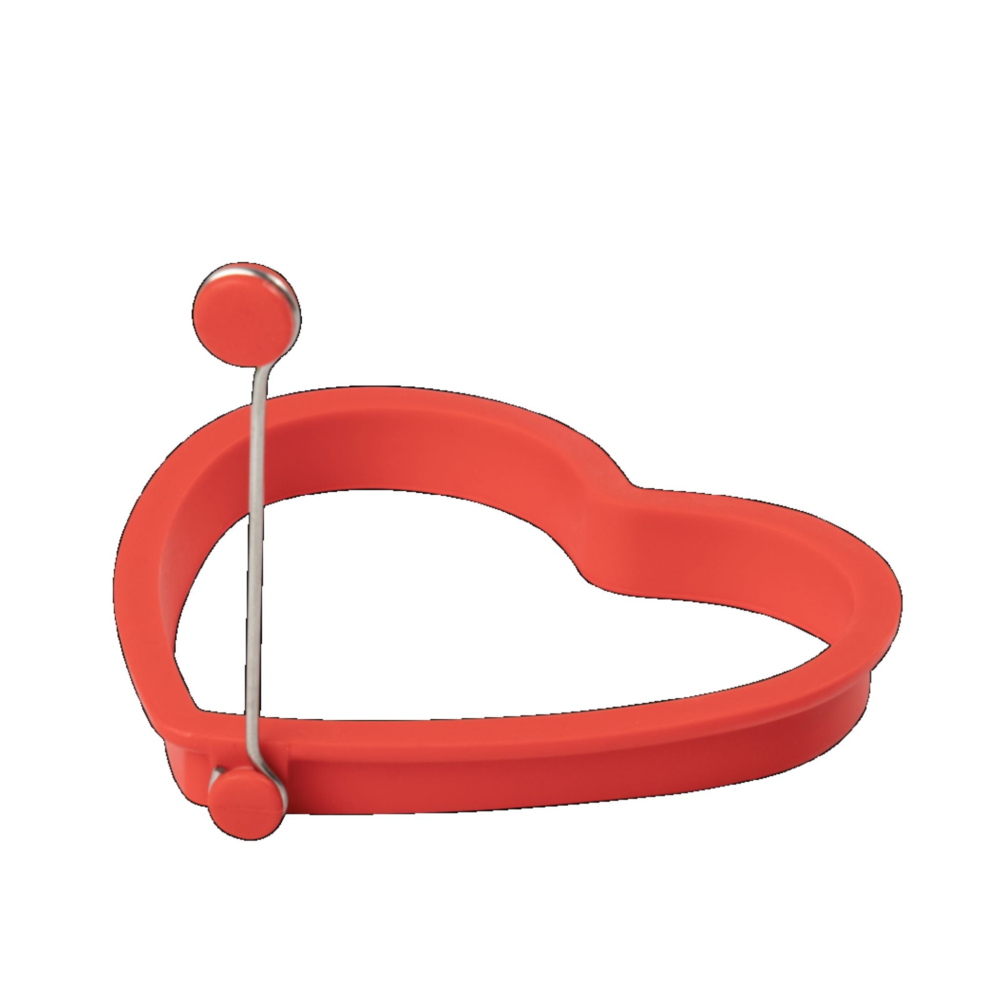 Roter Eierformer in Herzform aus Silikon mit klappbarem Griff aus Metall.