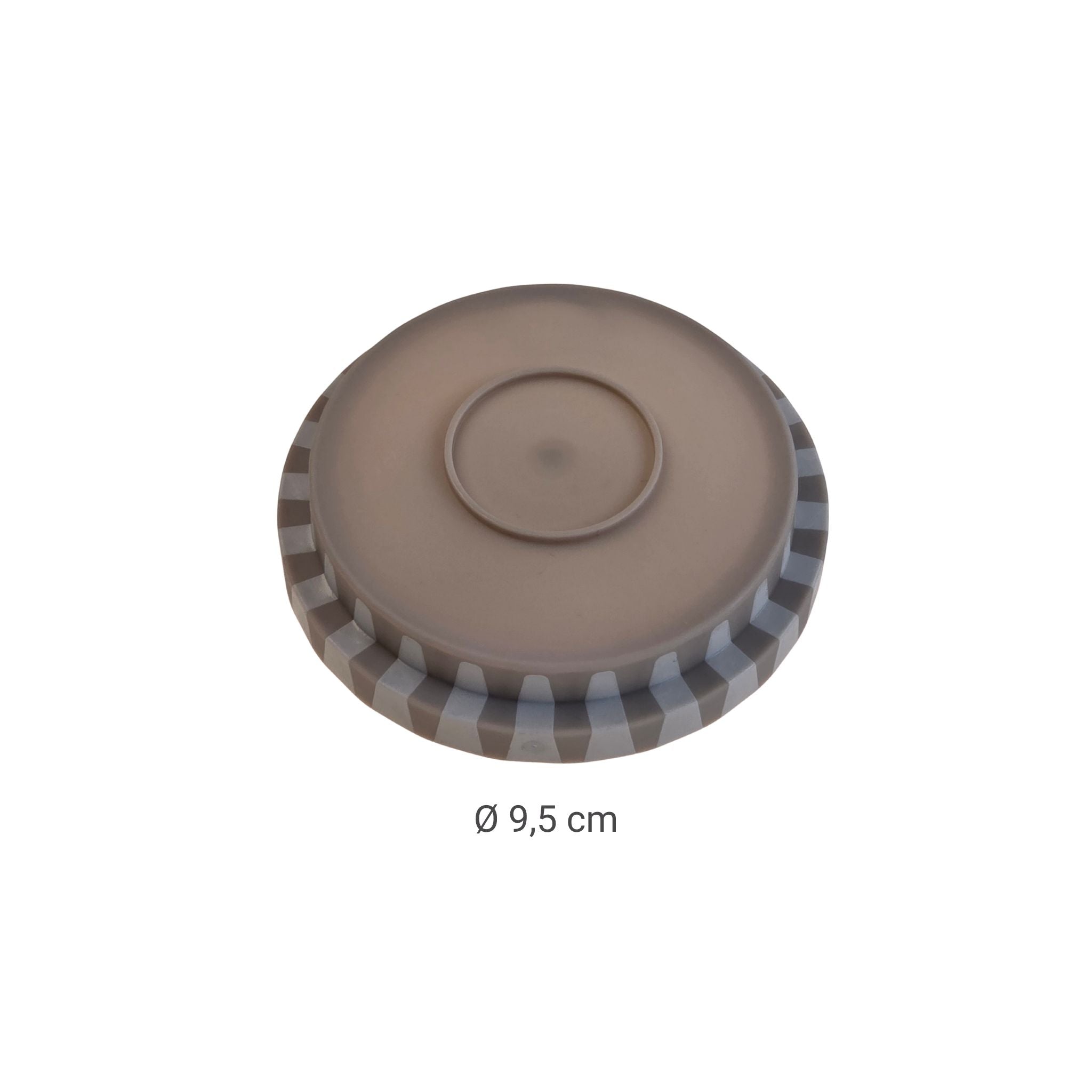 Runder großer Deckel in Taupe mit geriffeltem Rand und 9,5 cm Durchmesser.