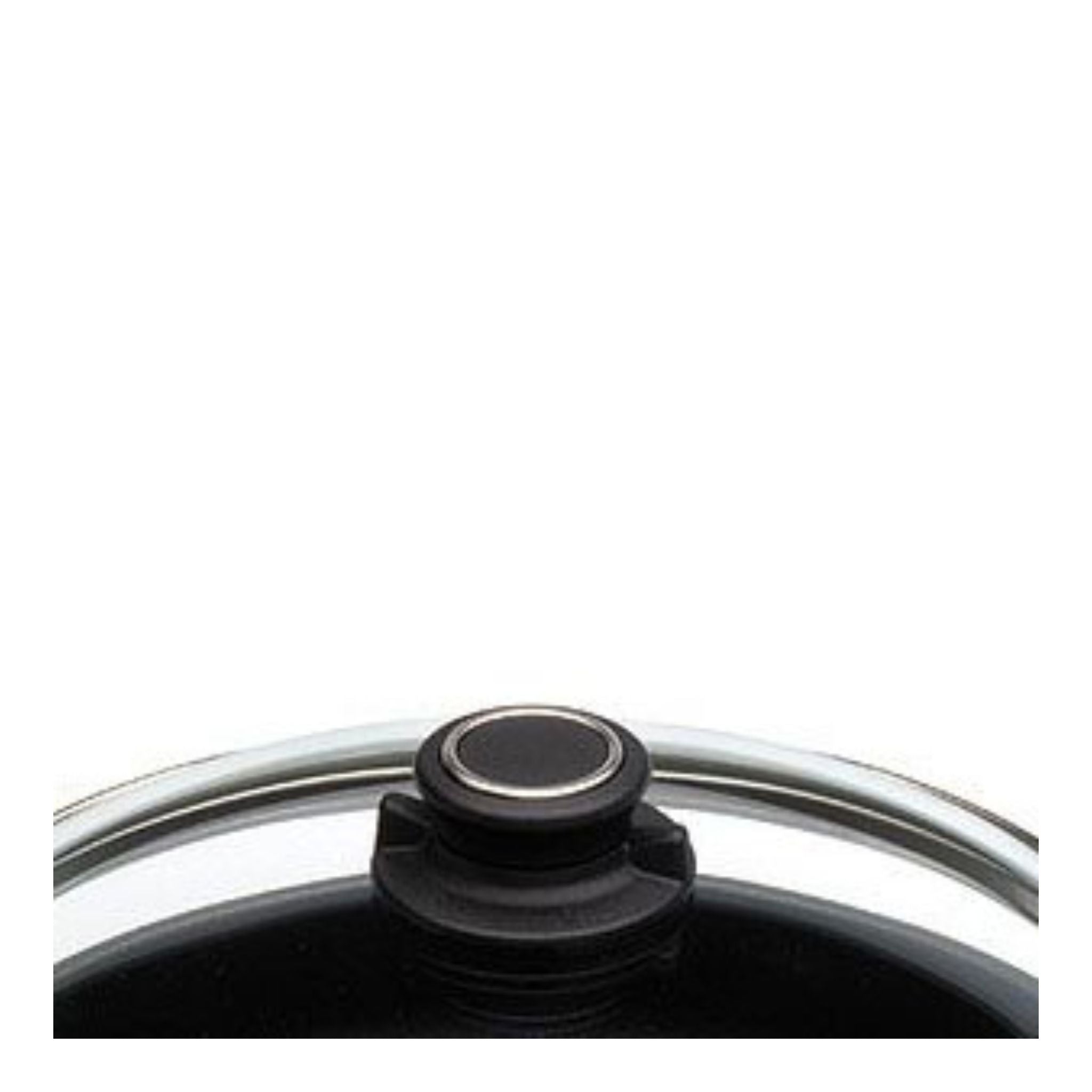 Ersatz Deckelknopf in Schwarz mit silbernem Rand auf Glasdeckel.