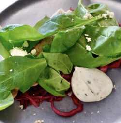 Babyspinatblätter mit einem Stück Ricotta aus dem Ofen auf Blaukrautsalat bzw. Rotkohlsalat auf einem grauen Teller angerichtet.